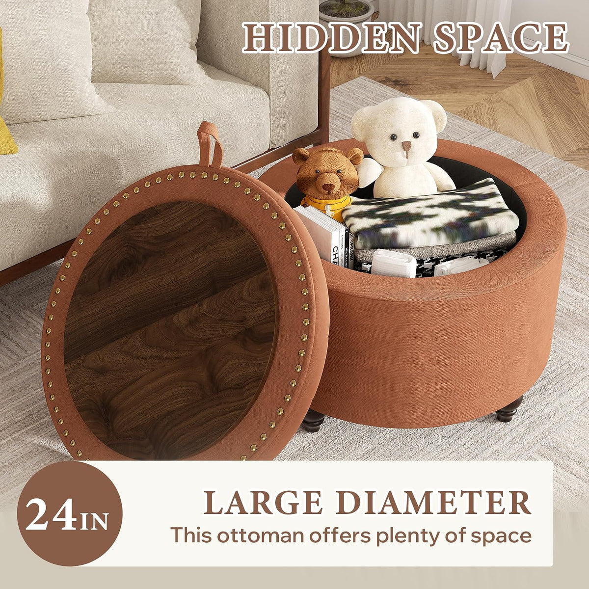 24 Inch Round Storage Ottoman,Modern Tufted Ottomans,Circular Coffee Table wi...