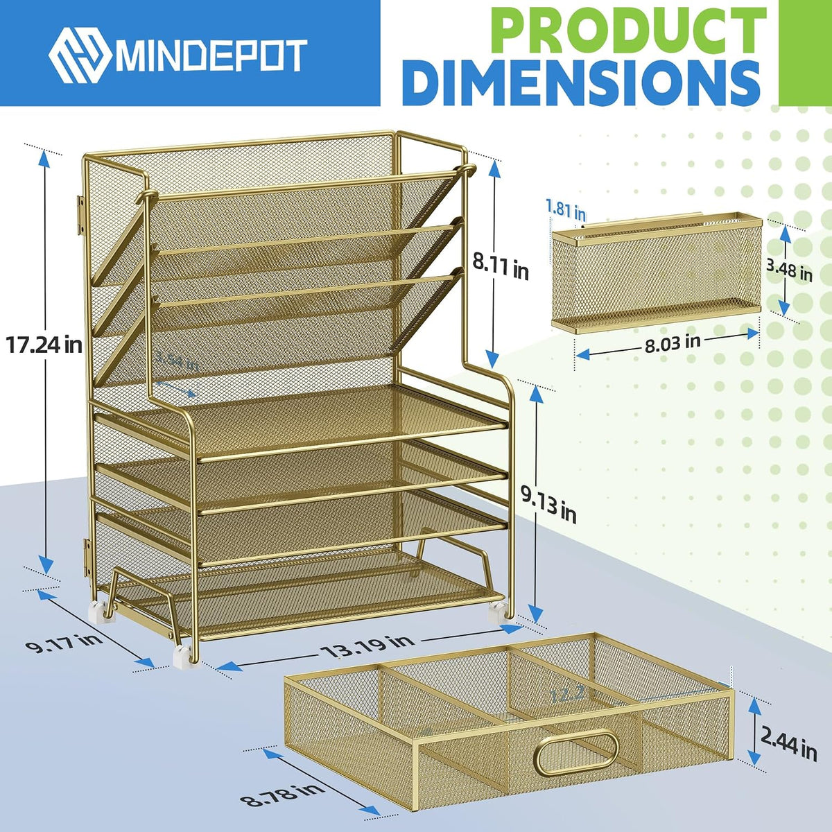 MINDEPOT 4-Tier Paper Organizer + 3-Pocket File Holder + Drawer + Pen Holders...