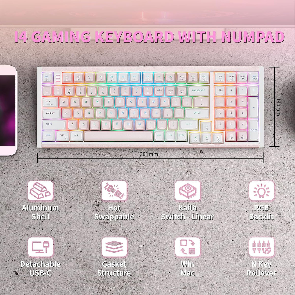 Hexgears I4 Wired Mechanical Keyboard with Number Pad - Pink, Tactile