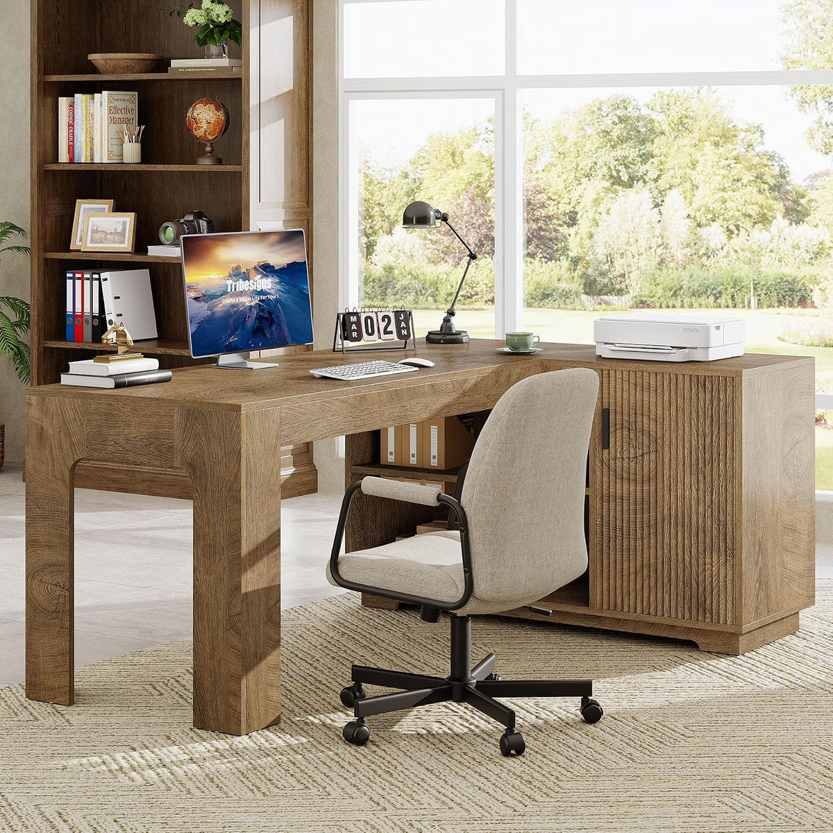 Tribesigns L-Shaped Desk with Storage Cabinet, 59-Inch Farmhouse Corner Compu...