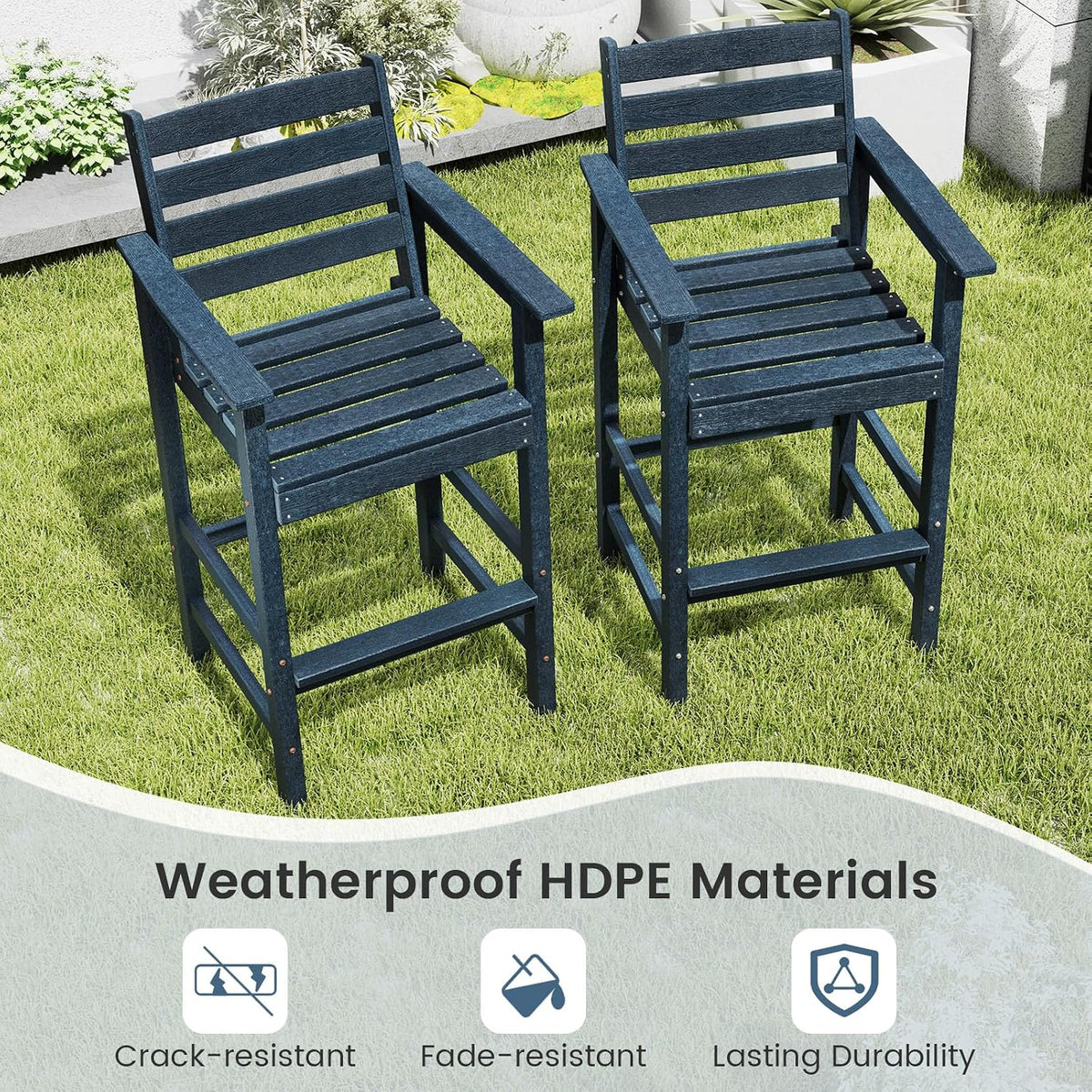 GIANTEX 29” Bar Stools Set of 2, HDPE Barstools w/Back, Armrests & Footre...