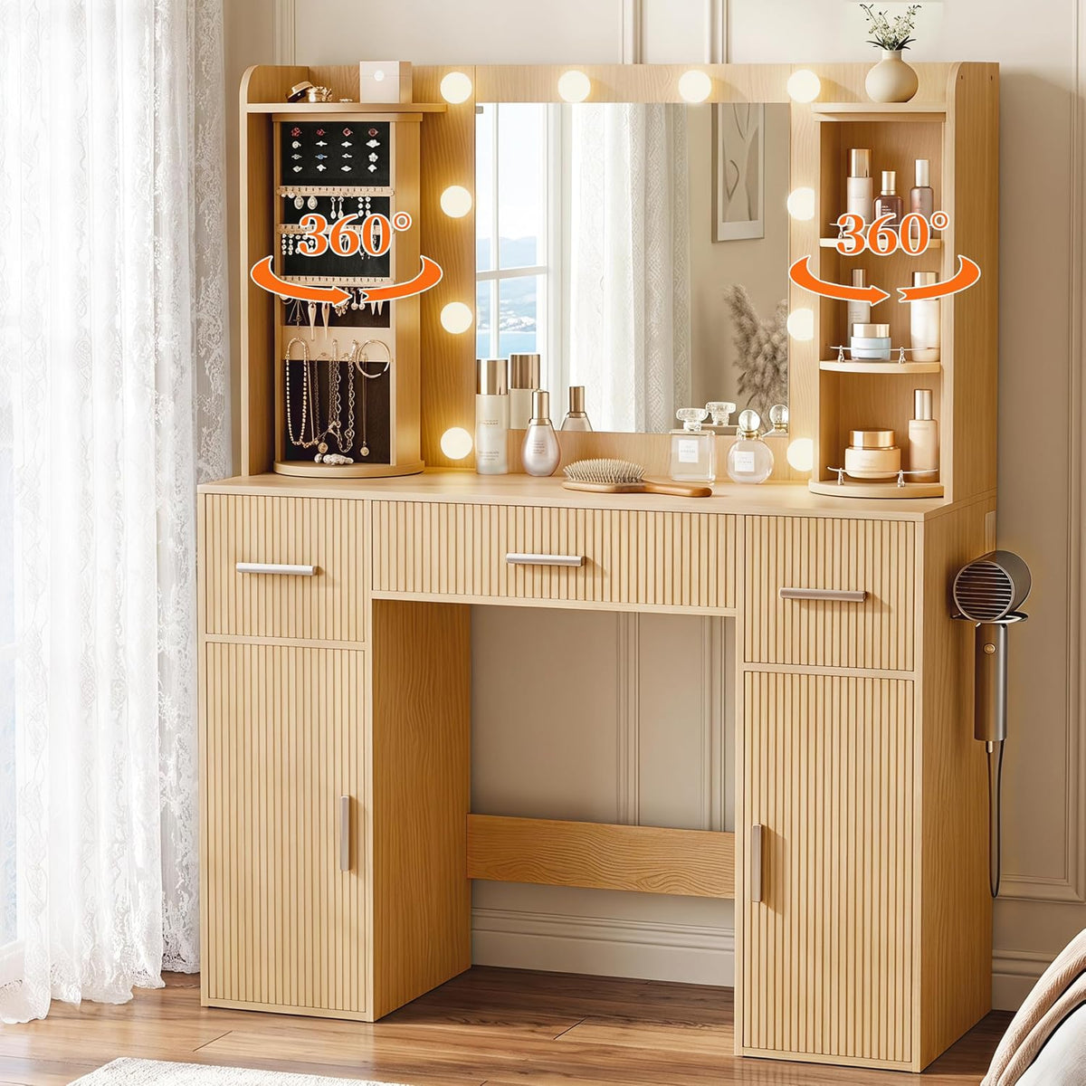 EasyCom Makeup Vanity Desk with Lights, Mirror and Jewelry Storage, Oak