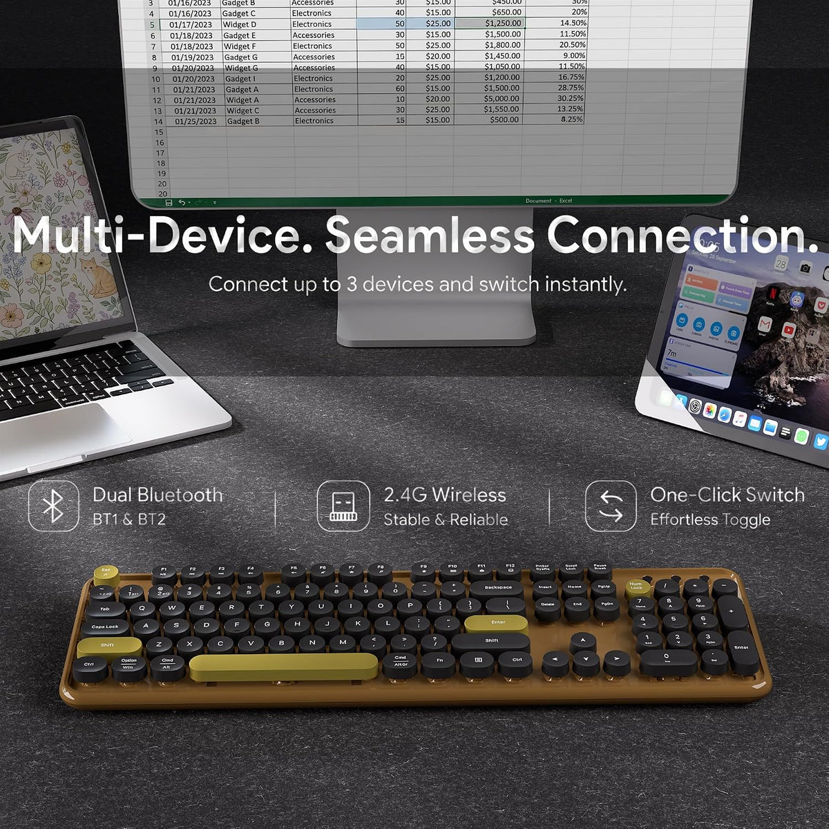 Colorful Wireless Bluetooth Keyboard (Coffee Black)