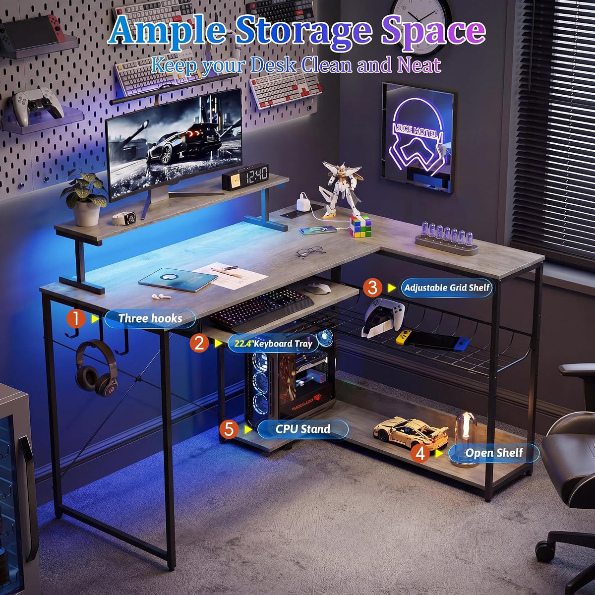 L Shaped Gaming Desk with Power Outlets & RGB LED Lights, 46" Corner...