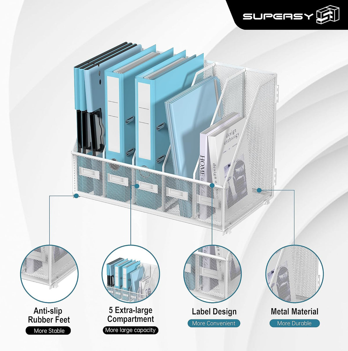 SUPEASY Desk Organizers Metal Desk Magazine File Holder with 5 Vertical Compa...