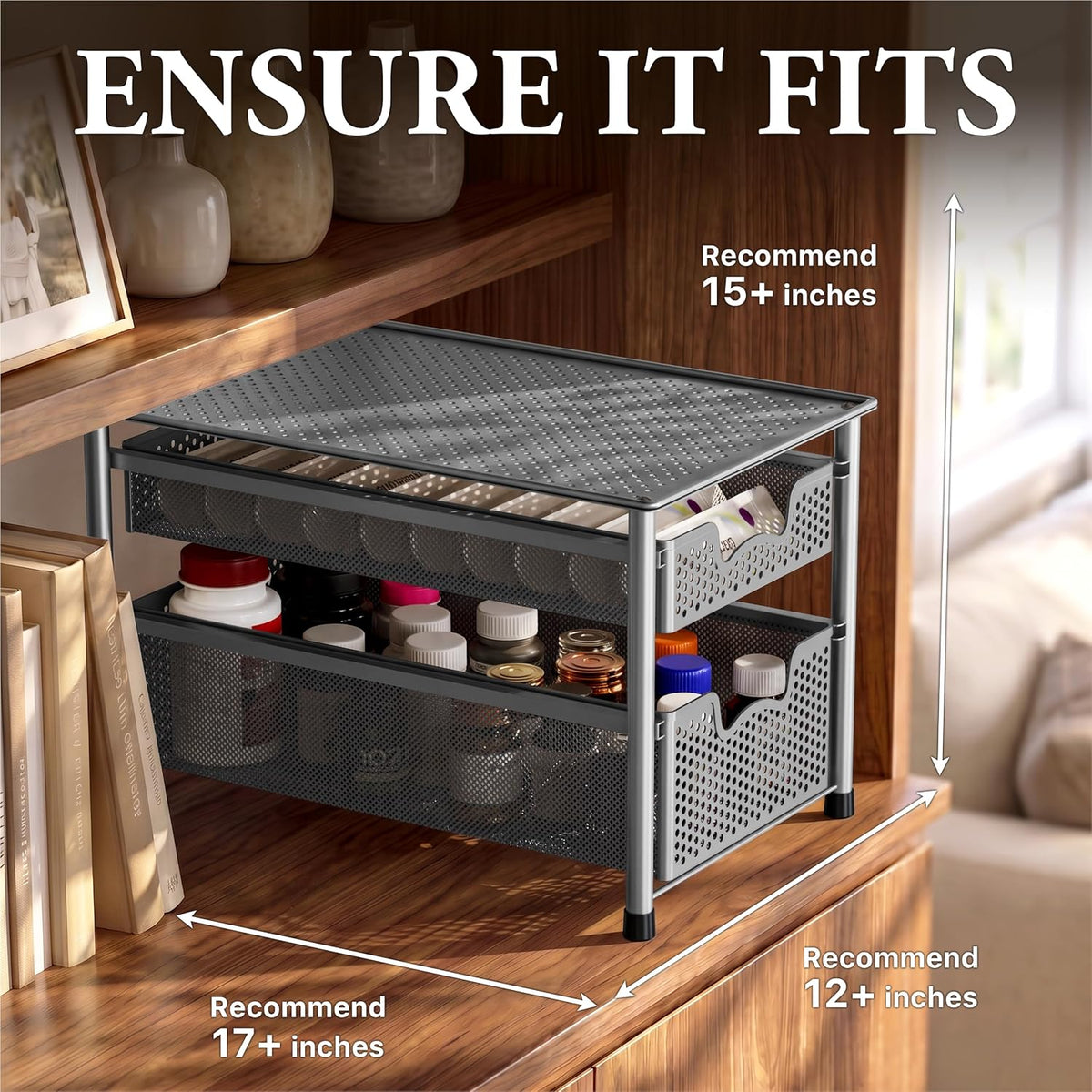 Simple Houseware Stackable 2 Tier Sliding Basket Organizer Drawer, Silver
