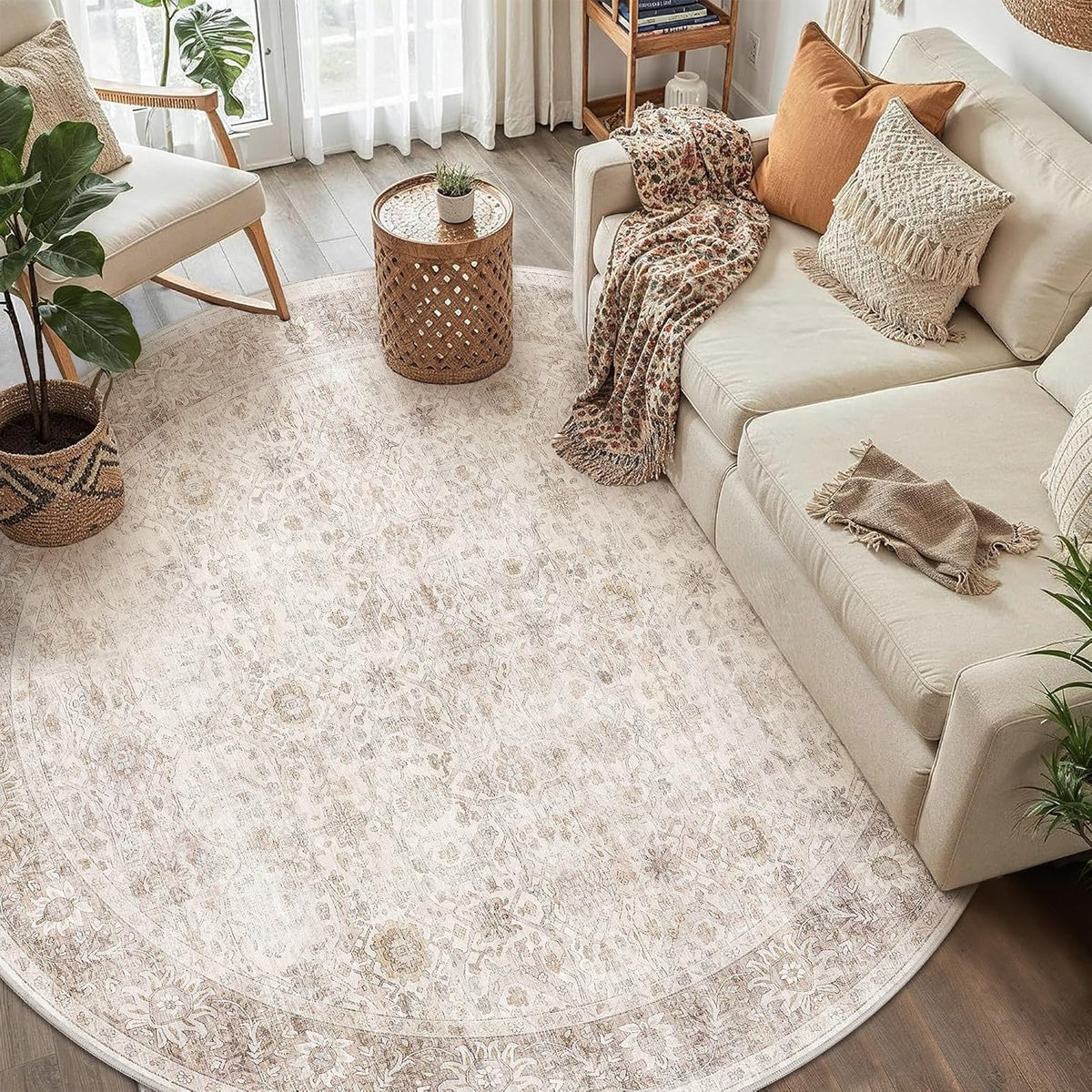 Round Rug 6ft Neutral Vintage Washable Circle Rug for Entryway Kitchen