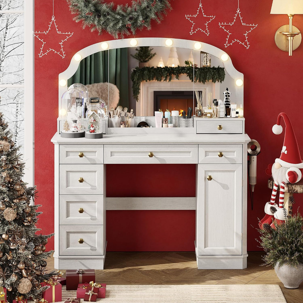 Farmhouse Makeup Vanity Desk with Mirror and Lights, 47'' Vanity Tabl...