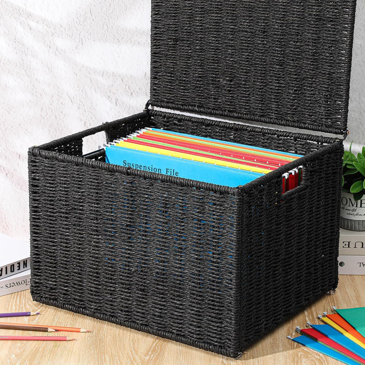 Cinnvoice Decorative File Box, Letter Legal Size, Black, Paper Rope