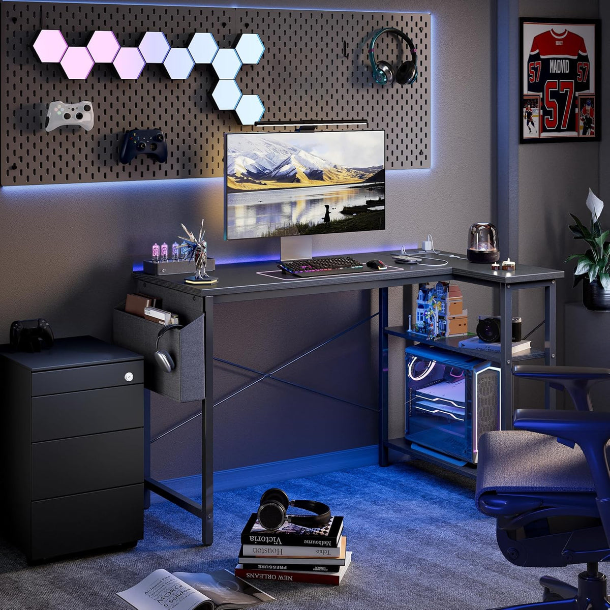 TIQLAB Gaming Desk with Power Outlets - 40 inch L Shaped Computer Desk, Rever...