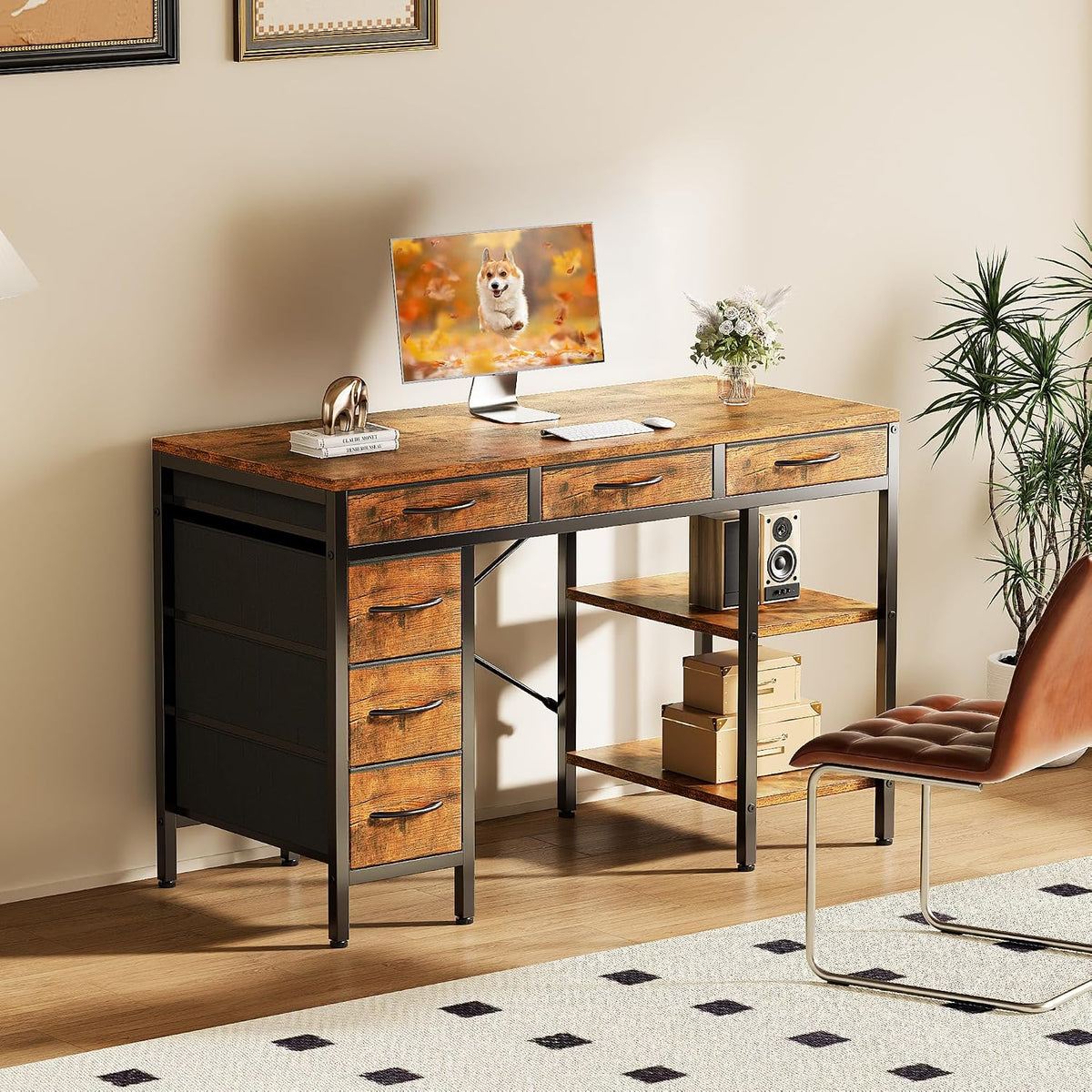 Sweetcrispy 47" Computer Desk with 6 Fabric Drawers & Storage Shelves