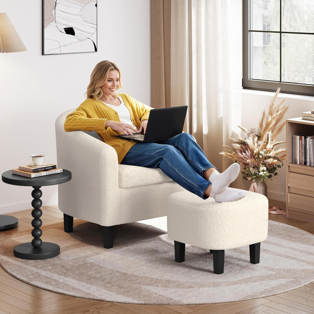 Yaheetech Accent Chairs with Ottoman Set of 2, Boucle Fabric, Ivory