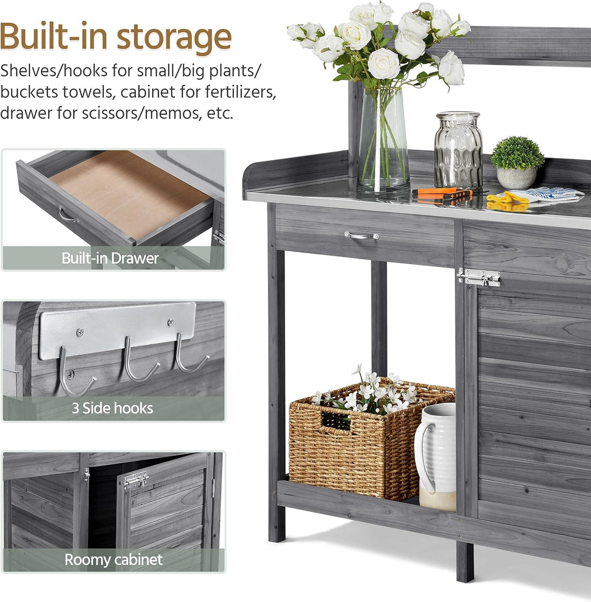 Yaheetech Potting Bench Outdoor Potting Table with Storage,Gray