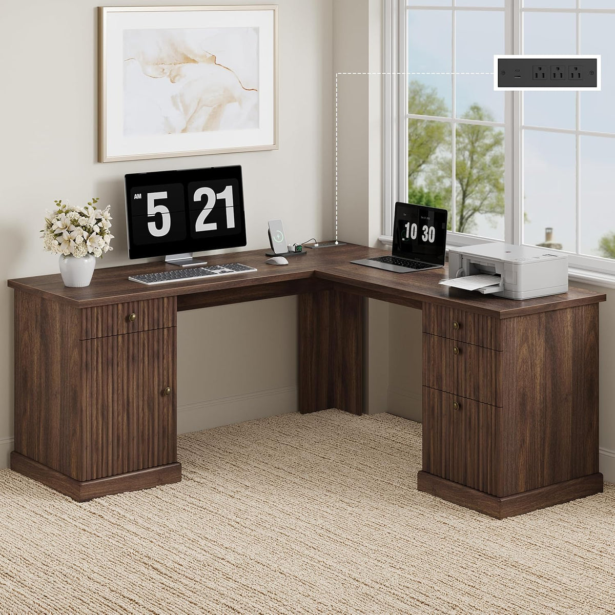 Garvee 60" Fluted L Shaped Desk with File Drawer, Corner Desk with Storage