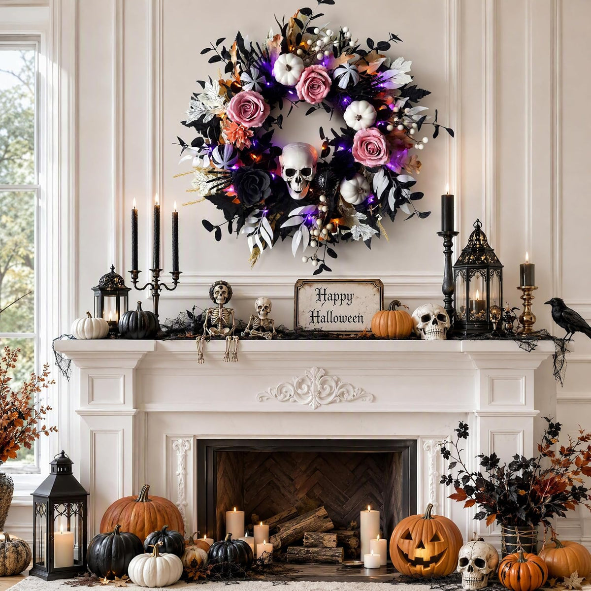 24'' Halloween Wreath for Front Door with Lights, Skeleton Skull