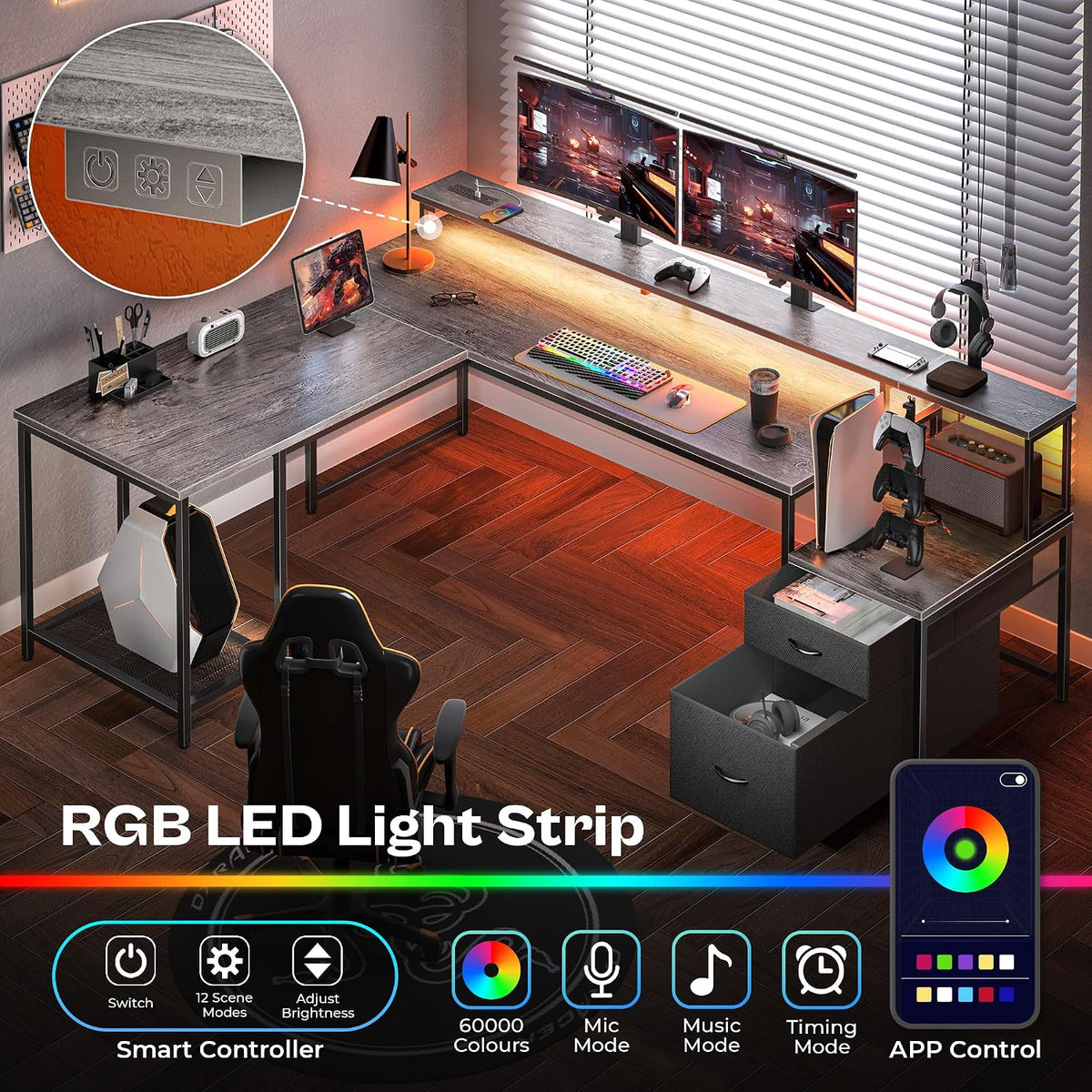 PRAISUN 66" L Shaped Gaming Desk with LED Lights & Power Outlets