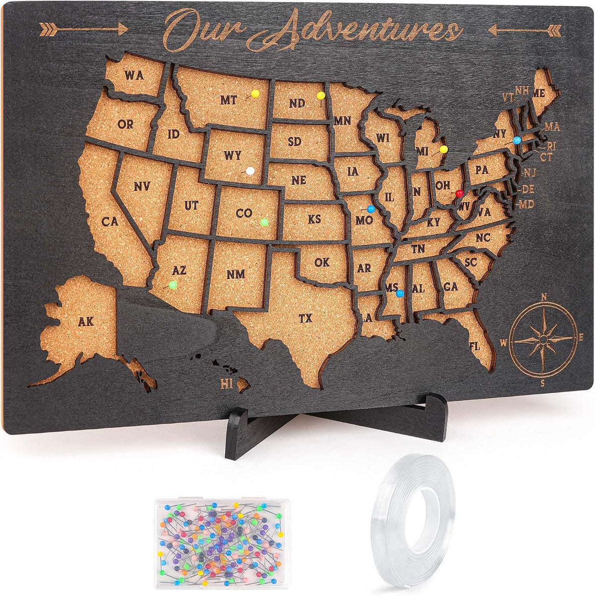 Luoyadee USA Cork Board Travel Map with 100 Push Pins & Display Stand