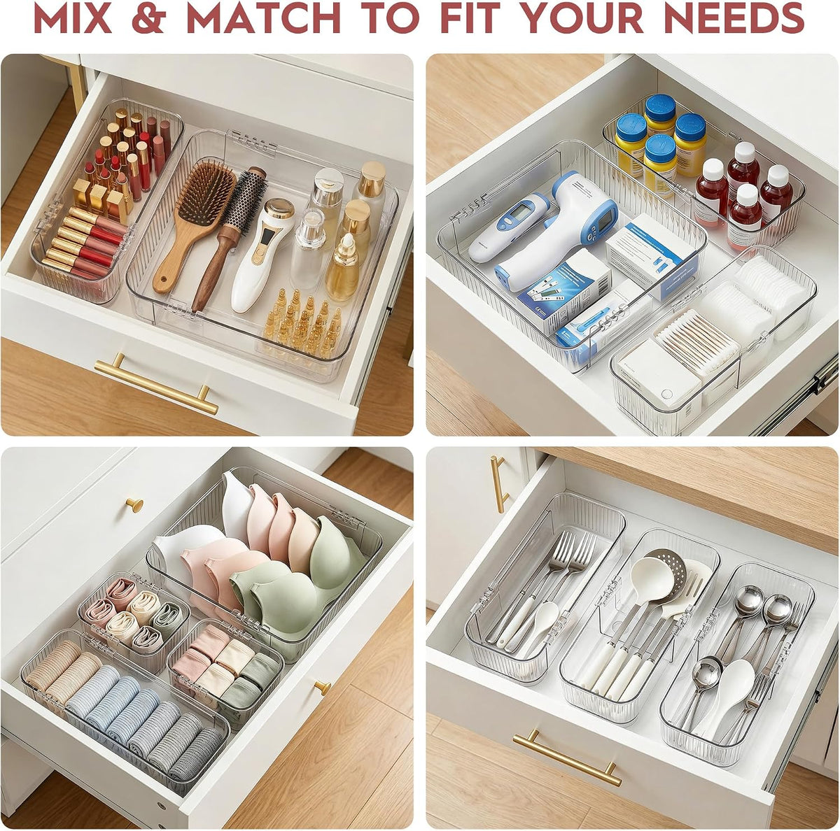 4-Piece Expandable Drawer Organizer Set, Clear Adjustable Drawer Organizer Tr...