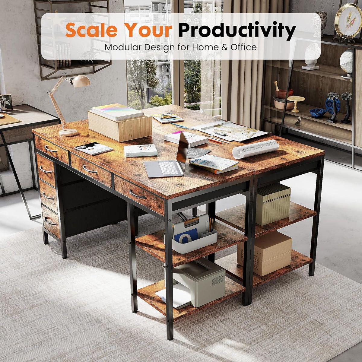 Sweetcrispy 55" Computer Desk with 6 Fabric Drawers & Storage Shelves