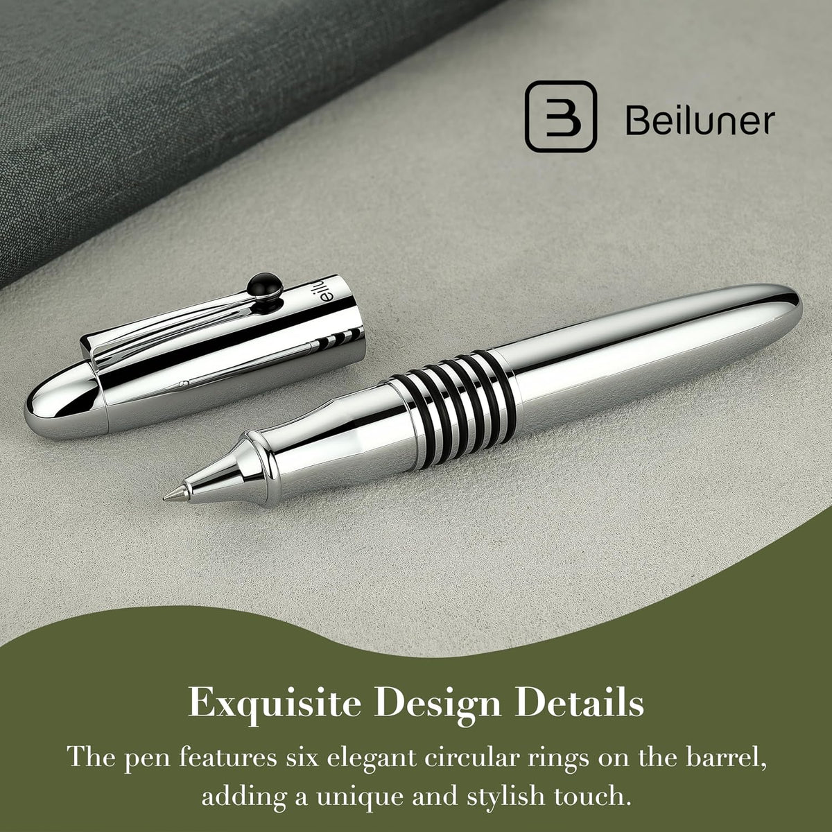 BEILUNER 320 Silver Chrome Rollerball-Luxury Pen with Bright Chrome Finish