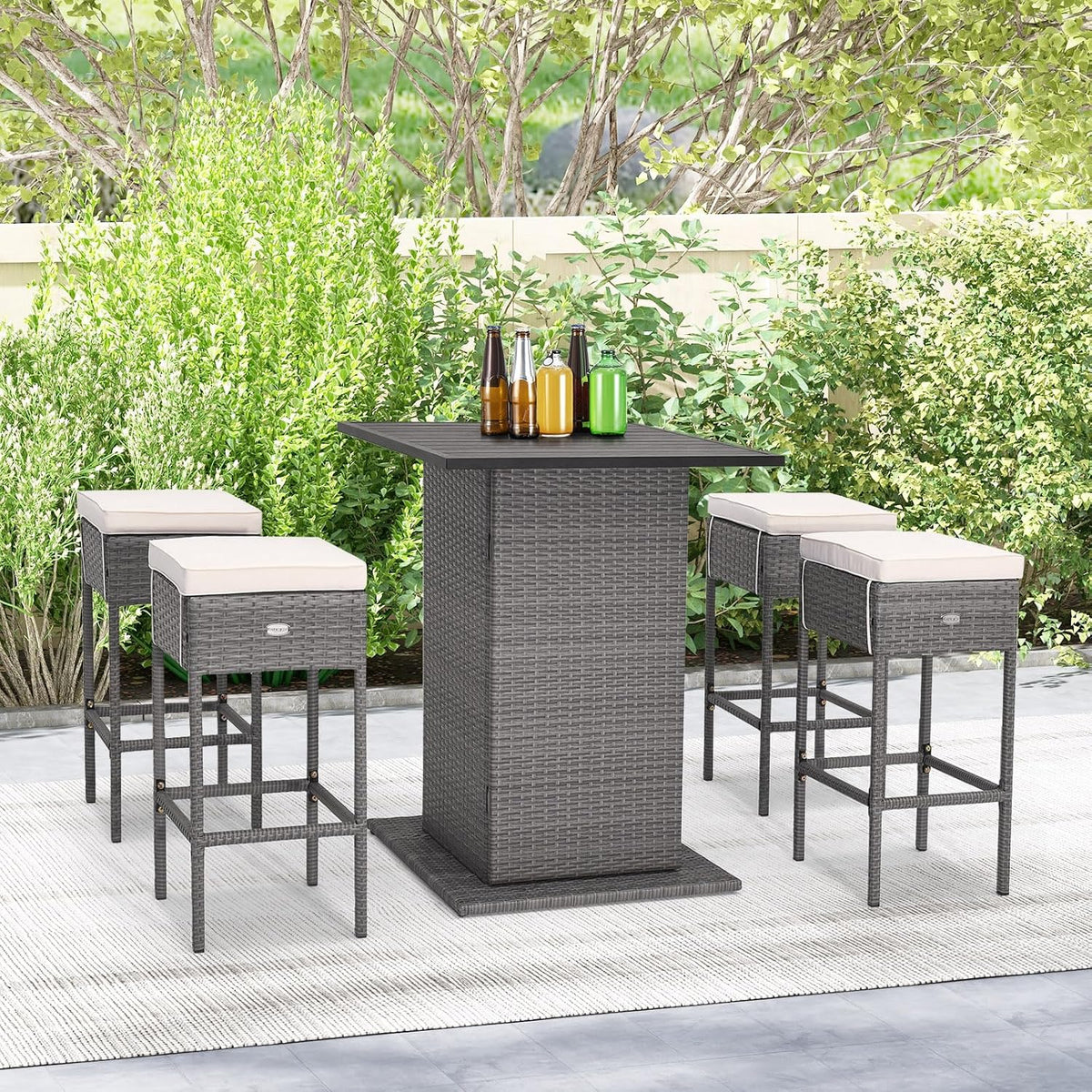 Tangkula 5 Piece Rattan Bar Table and Chairs Set Wirth 4 Cushioned Stools