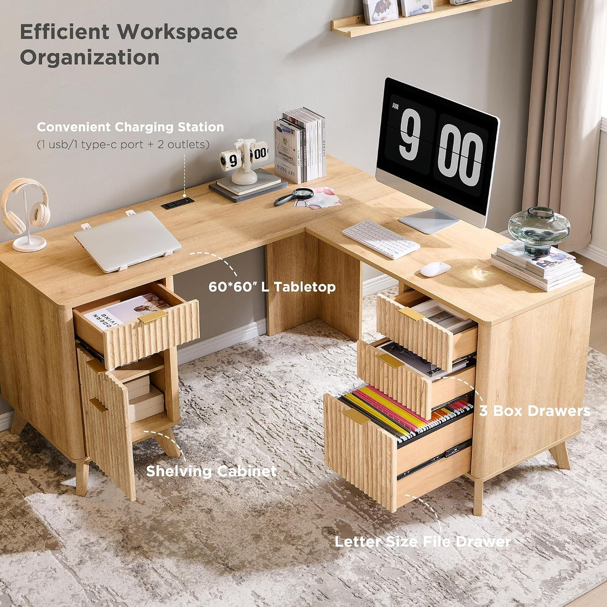 T4TREAM 60-Inch Modern Fluted L-Shaped Executive Desk, Natural Oak