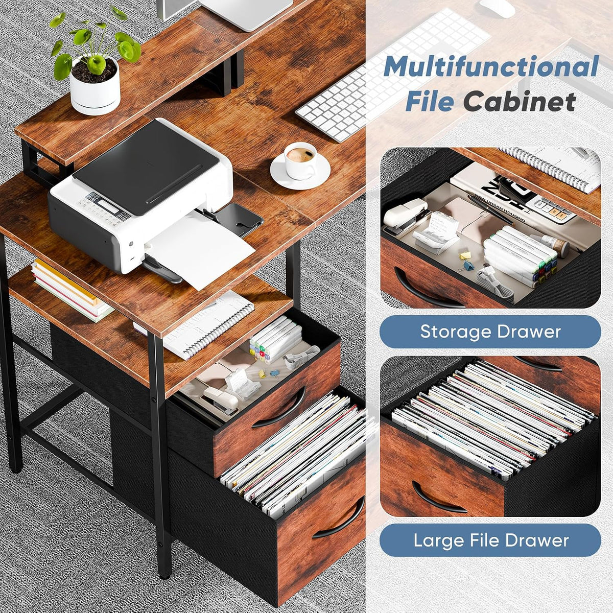 DUMOS 62” L Shaped Desk with Drawers and Power Outlet, Rustic Brown