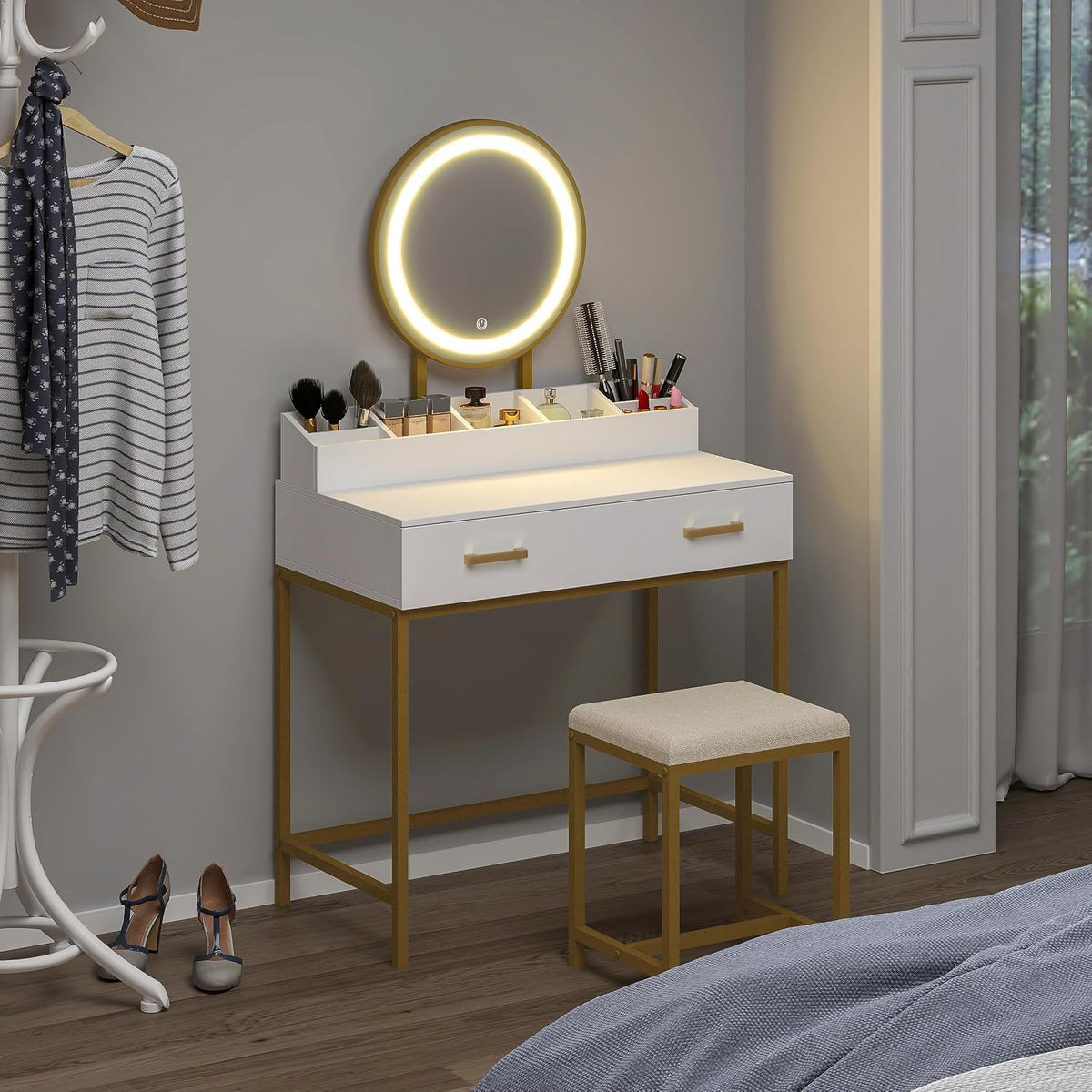 UTEX Makeup Vanity Desk Set with Mirror and Lights White and Gold