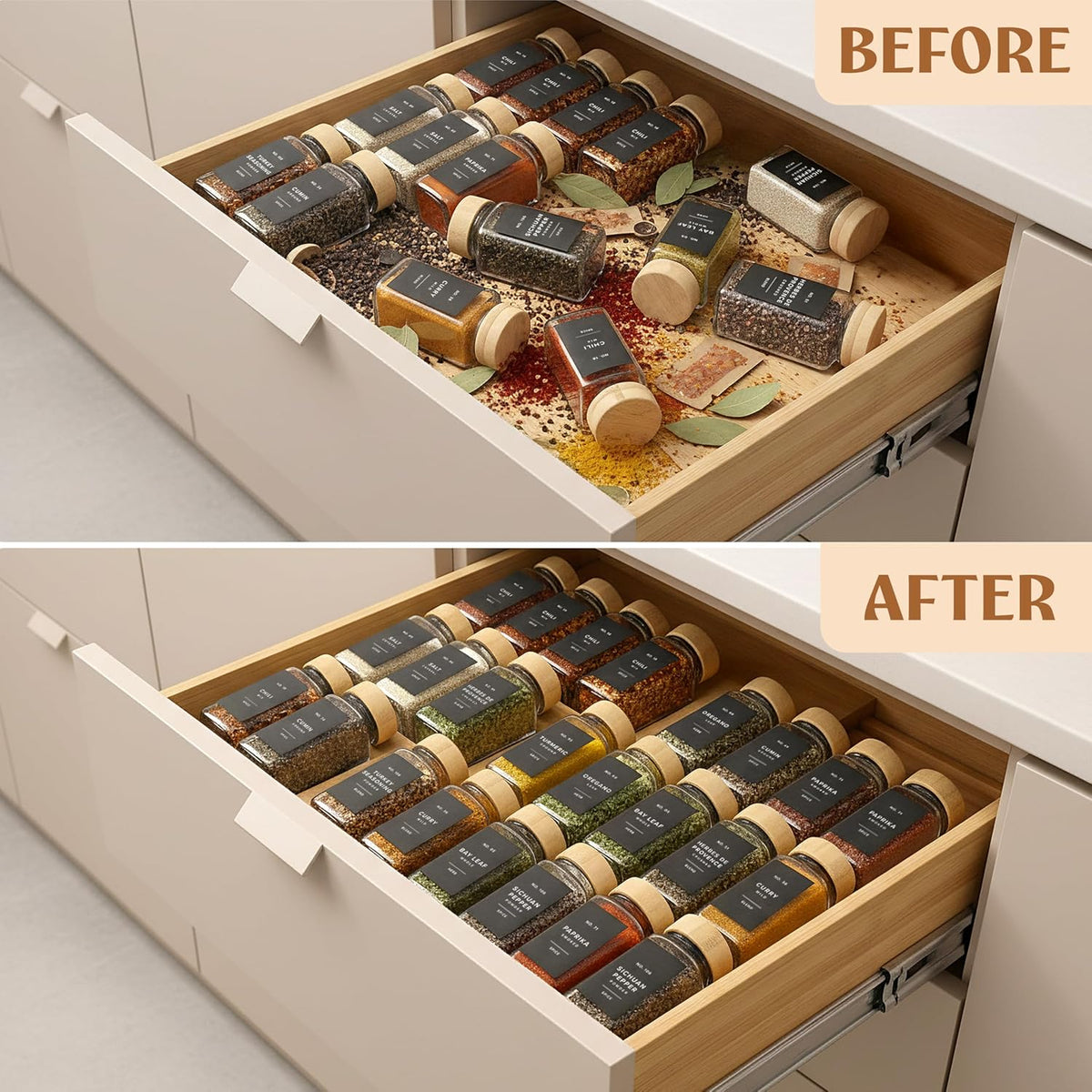 EDELHAUS Bamboo Spice Drawer Organizer, Expandable 4 Tier Spice Rack