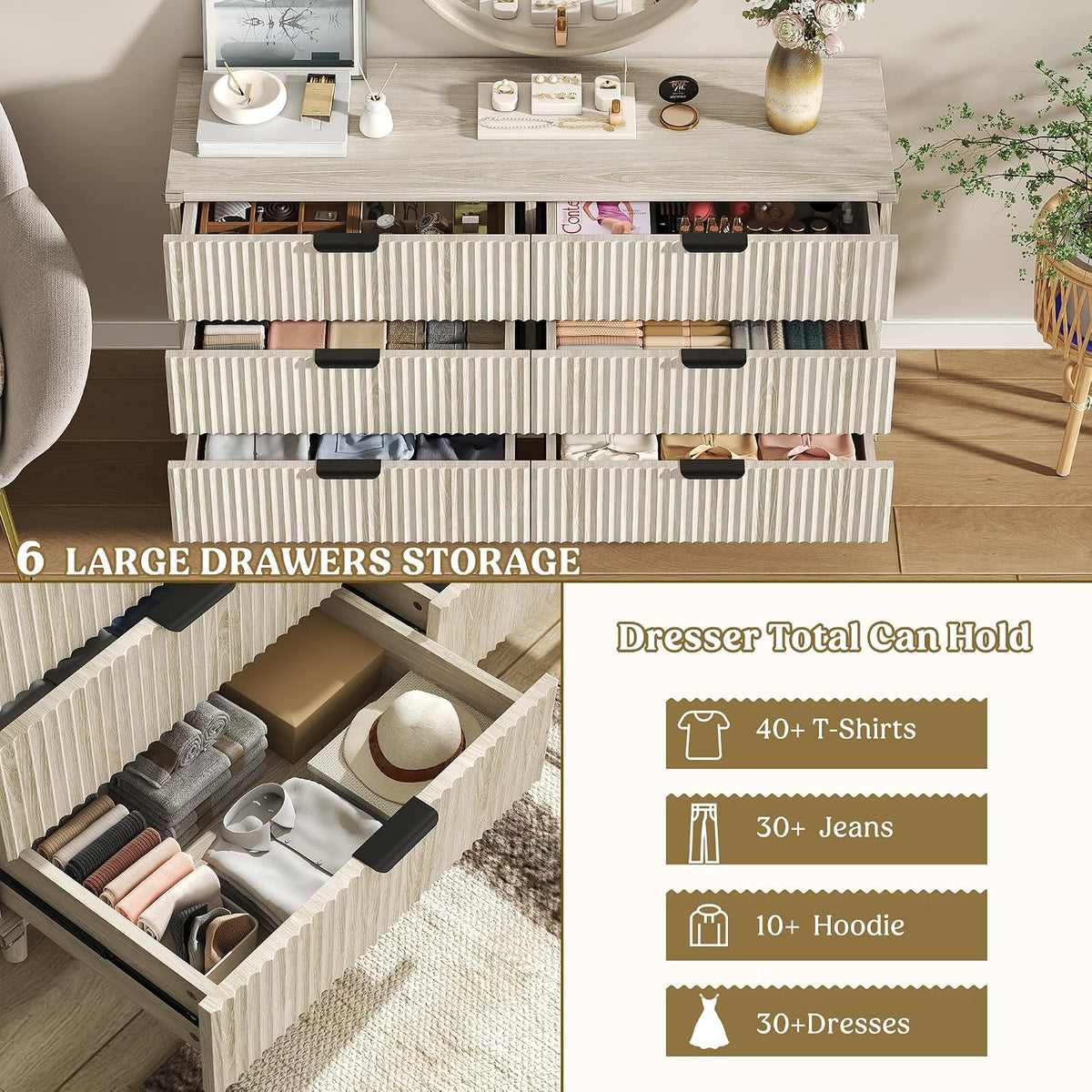 Wood Tall 6 Drawers Dresser, 53.2" W Fluted Modern Dressers for Bedroom