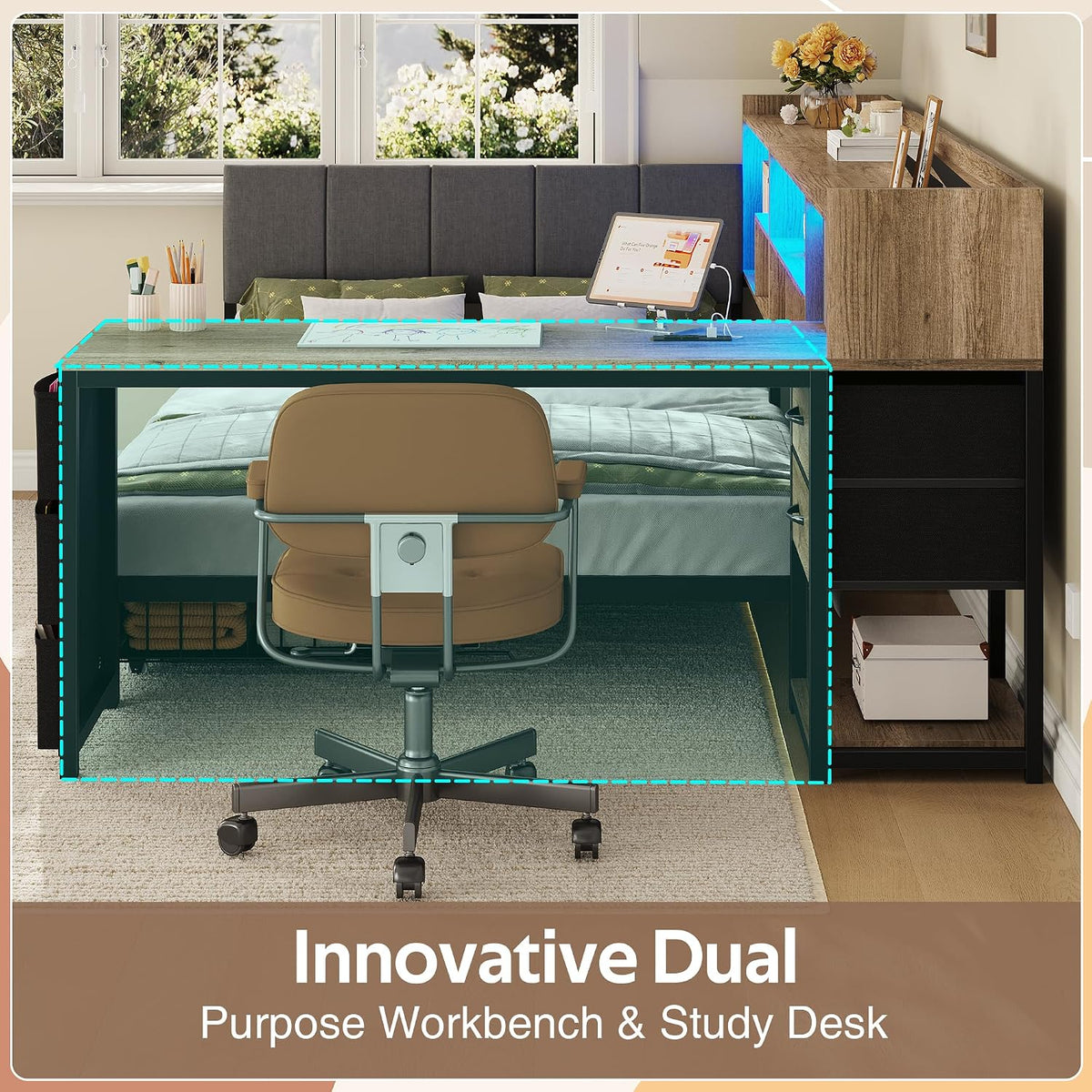 Dnxao Twin Corner Bed Frame with Storage & Desk for Small Rooms, Oak Gray