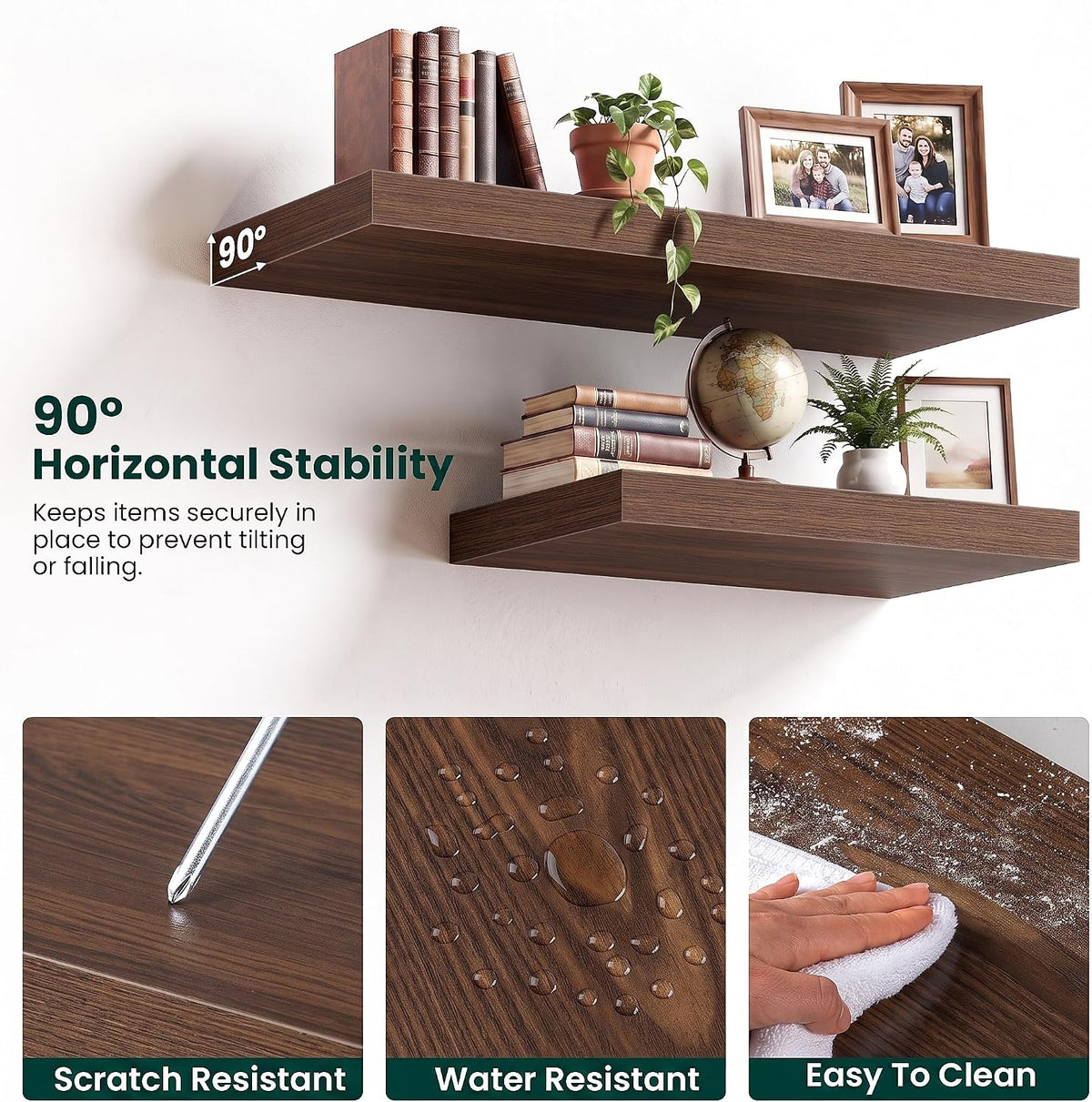 10 Inch Deep Floating Shelves for Wall, 30 Inch, Walnut, Set of 2