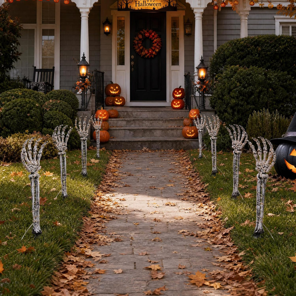 Halloween Skeleton Arm Stakes 4‑Pack, 160 Green LED Battery‑Powered Lights