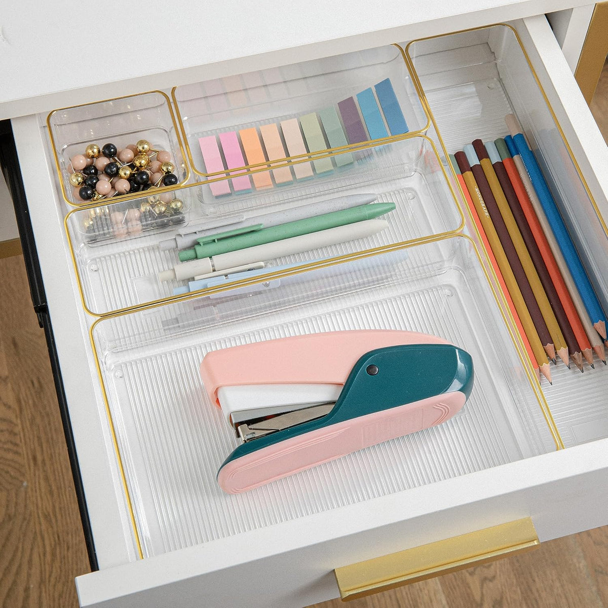 Martha Stewart Kerry Stackable Desk Drawer Organizers, Clear/Gold, 6-Pack