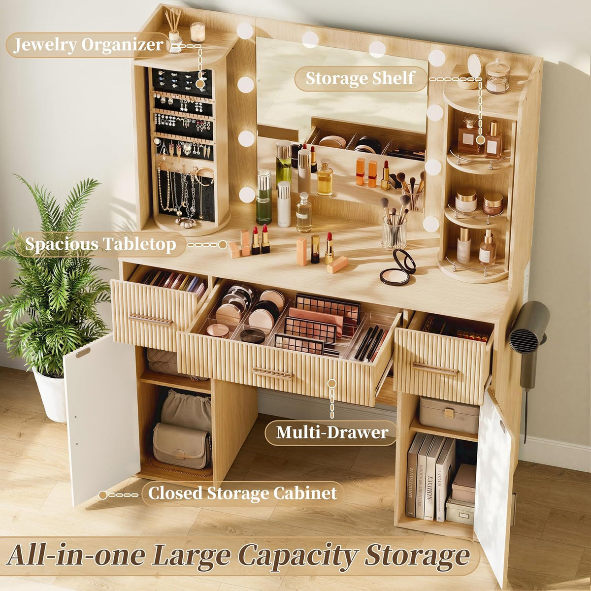 EasyCom Makeup Vanity Desk with Lights, Mirror and Jewelry Storage, Oak