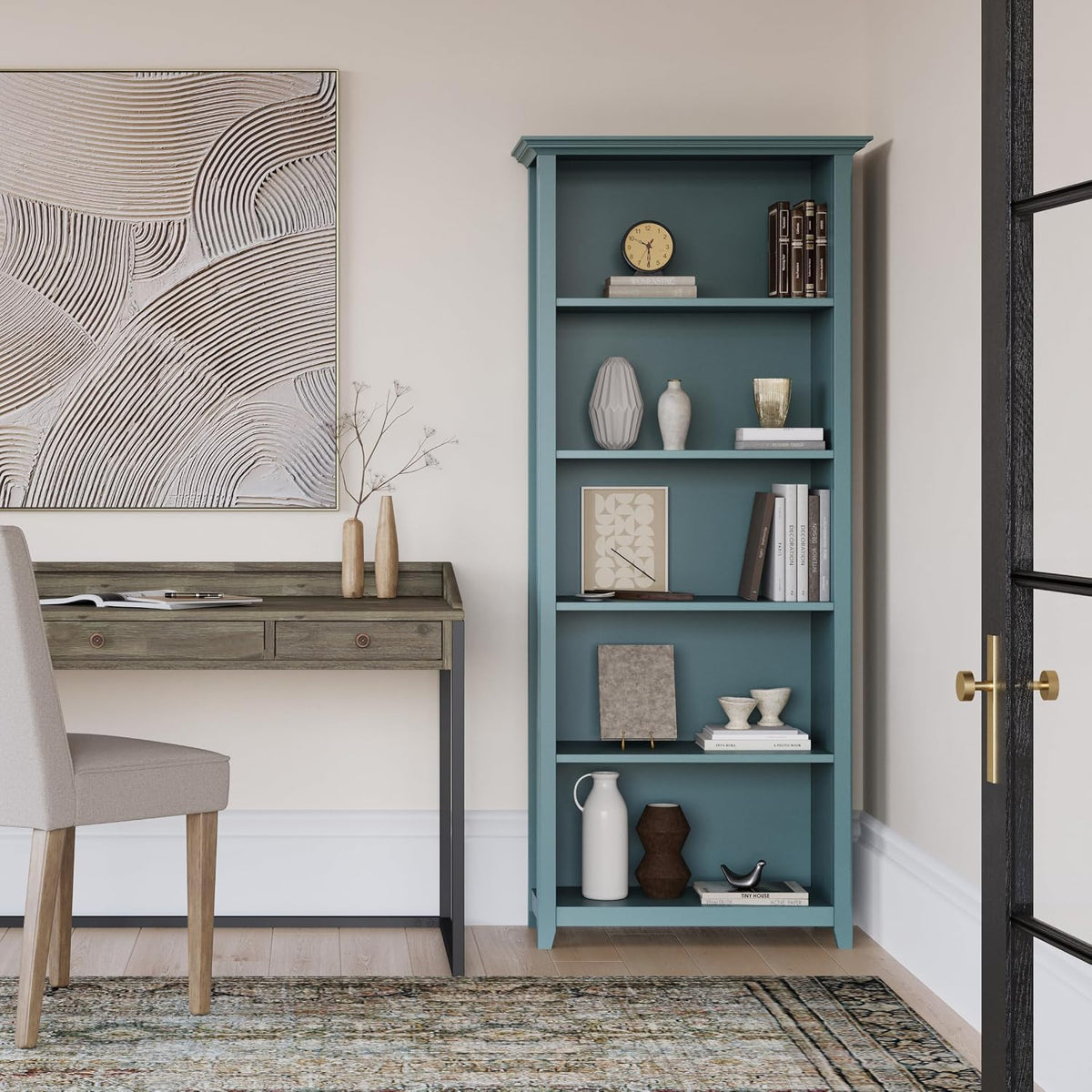 SIMPLIHOME Amherst 70" Tall Solid Wood 5-Shelf Bookcase in French Blue