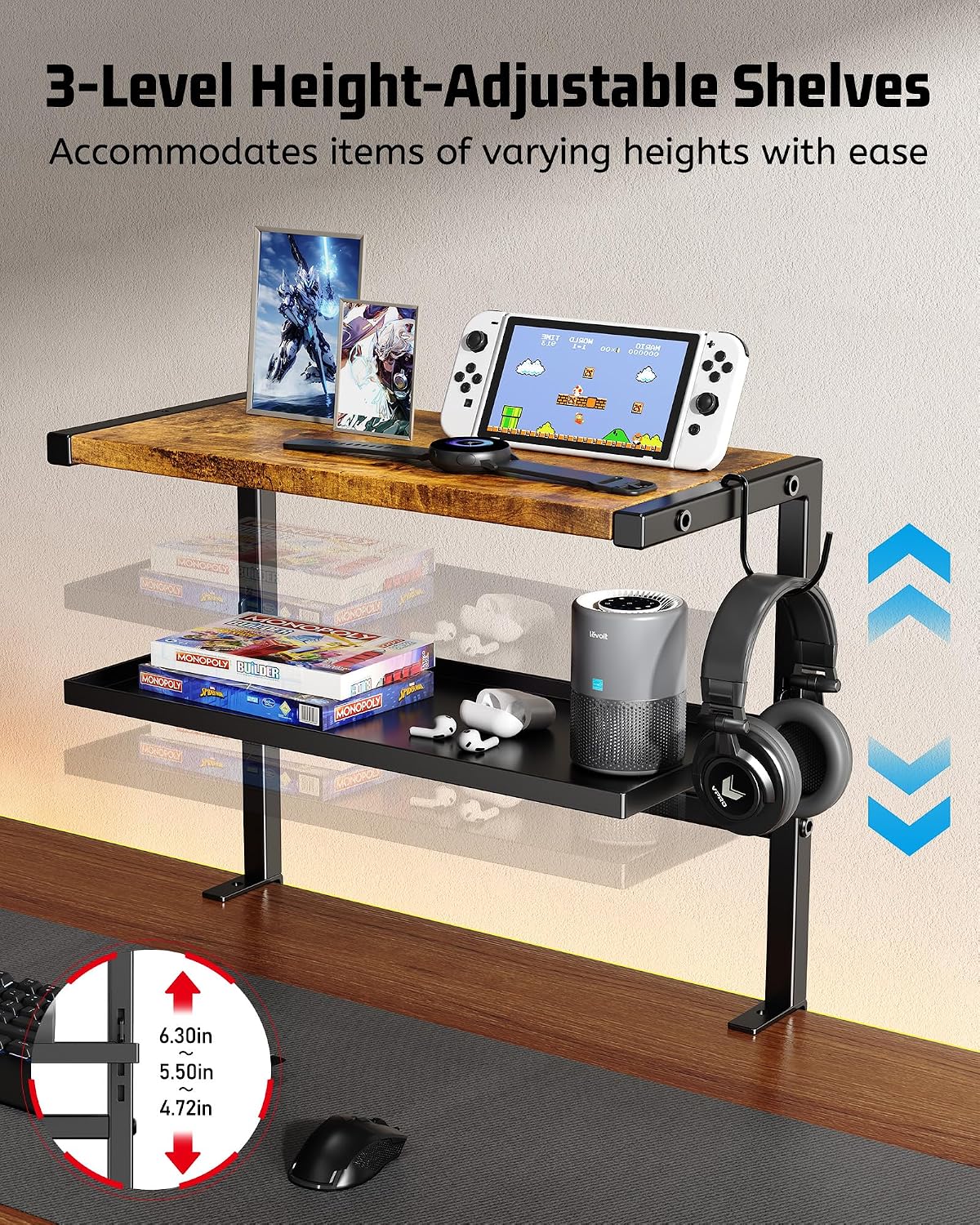 2-Tier Clamp Desk Shelf, No-Drill Under Desk Storage Clamp