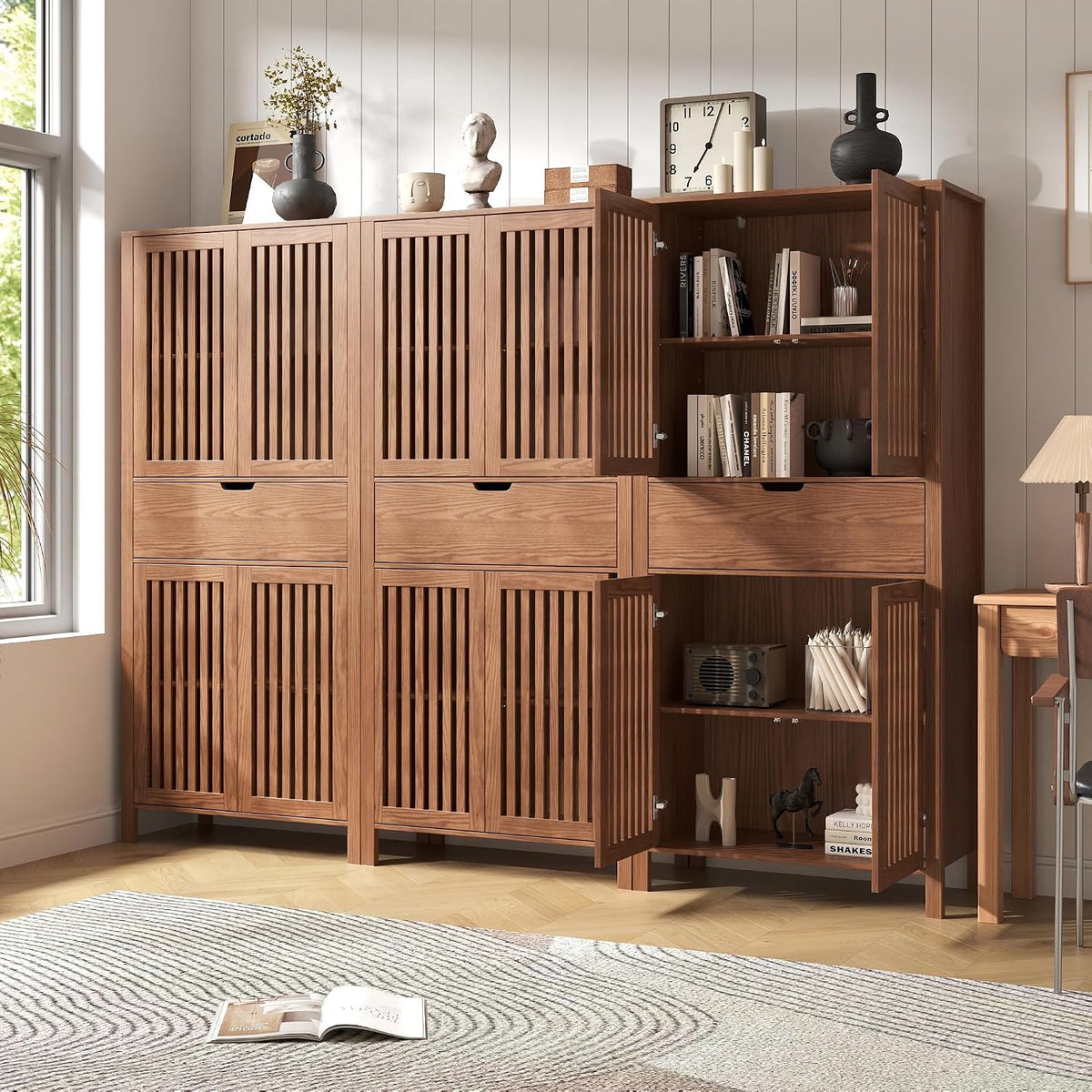 BVIUNTWO Set of 3 Rustic Brown 69" Tall Farmhouse Storage Cabinet with D...