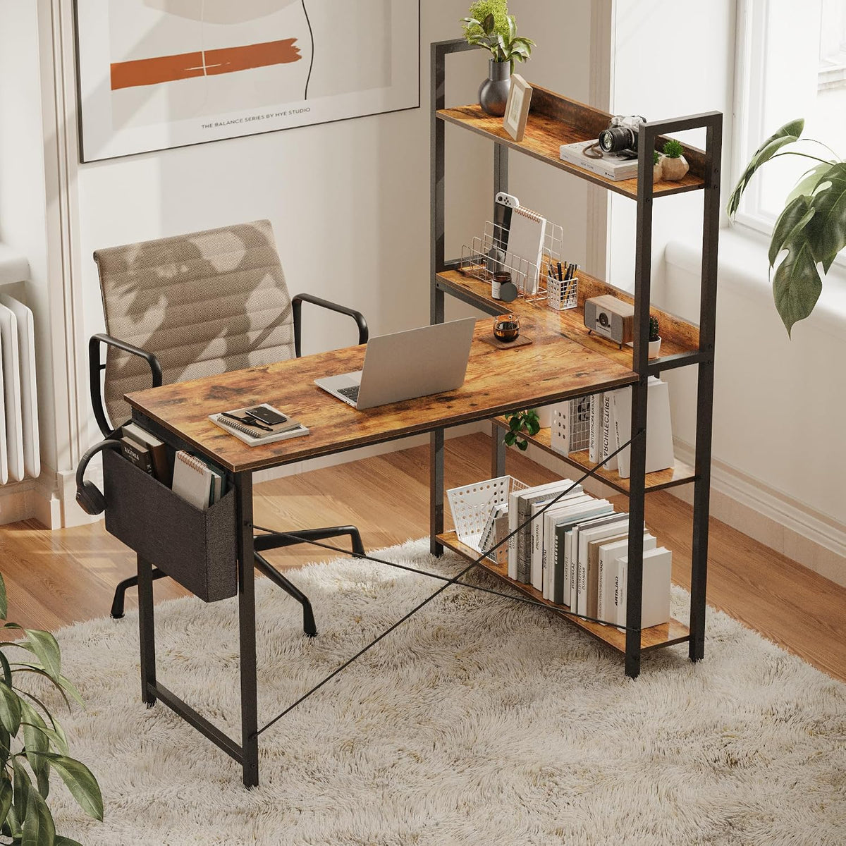 Treesland 47 Inch Computer Desk with Bookshelf, Corner Desk with Storage, L S...