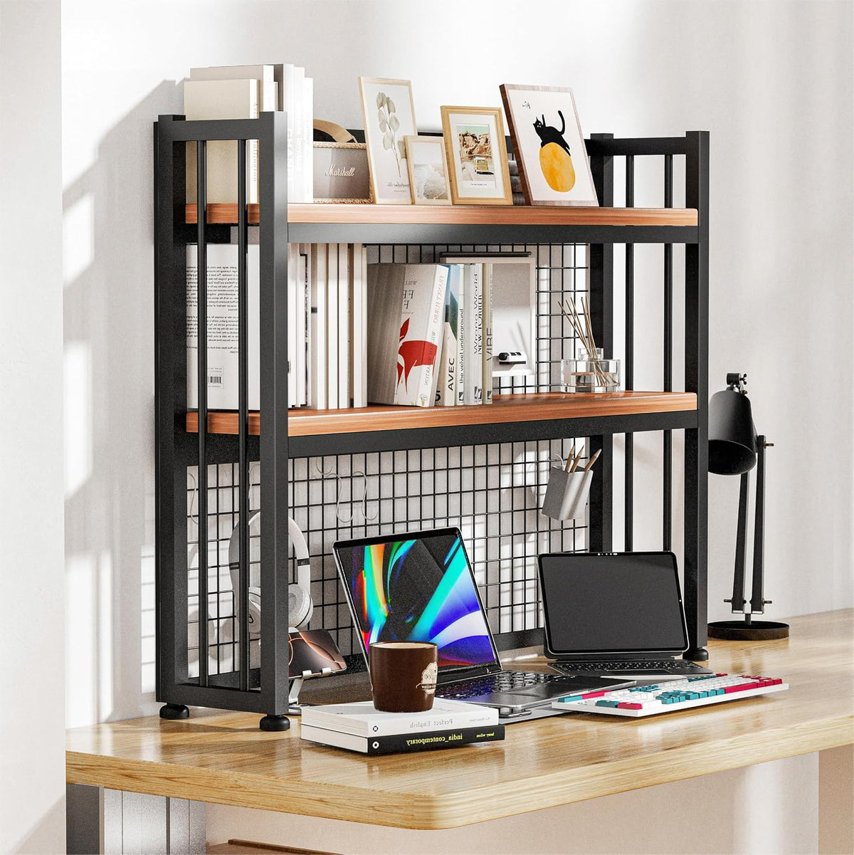 Desktop Hutch Bookshelf Metal Desk Shelf, 2-Tier Storage Display Shelf for Co...