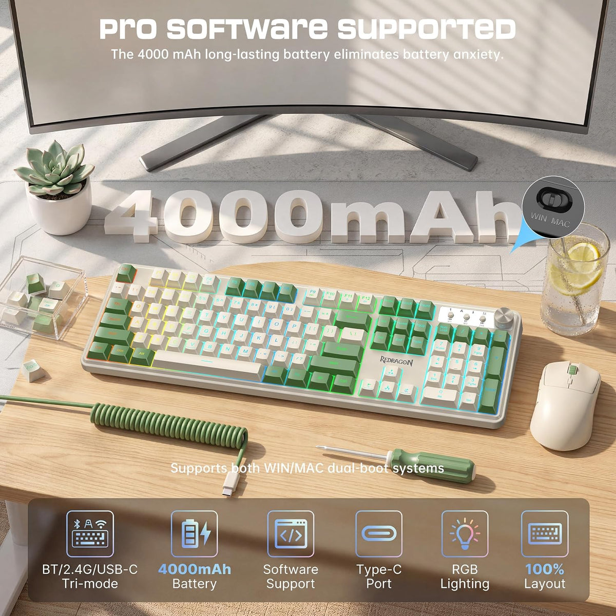 Redragon RM104 Wireless Gaming Keyboard with Knob, Tri-Mode BT/2.4G/USB-C RGB...