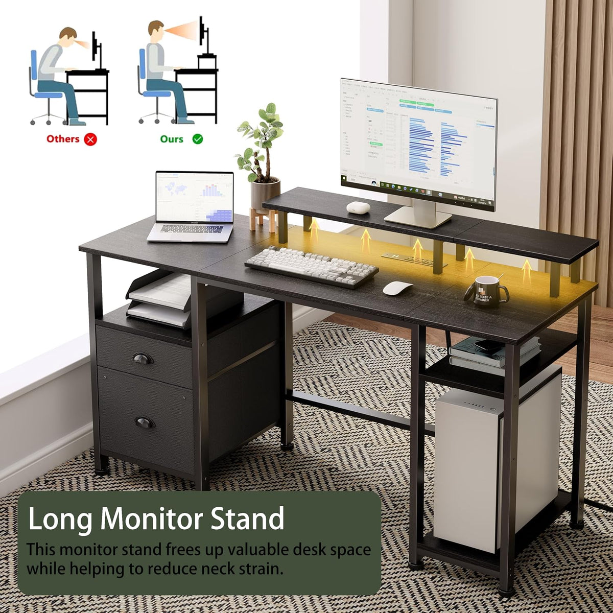 Furologee 51" Gaming Desk with Outlets & LED, Computer Office Desk, ...