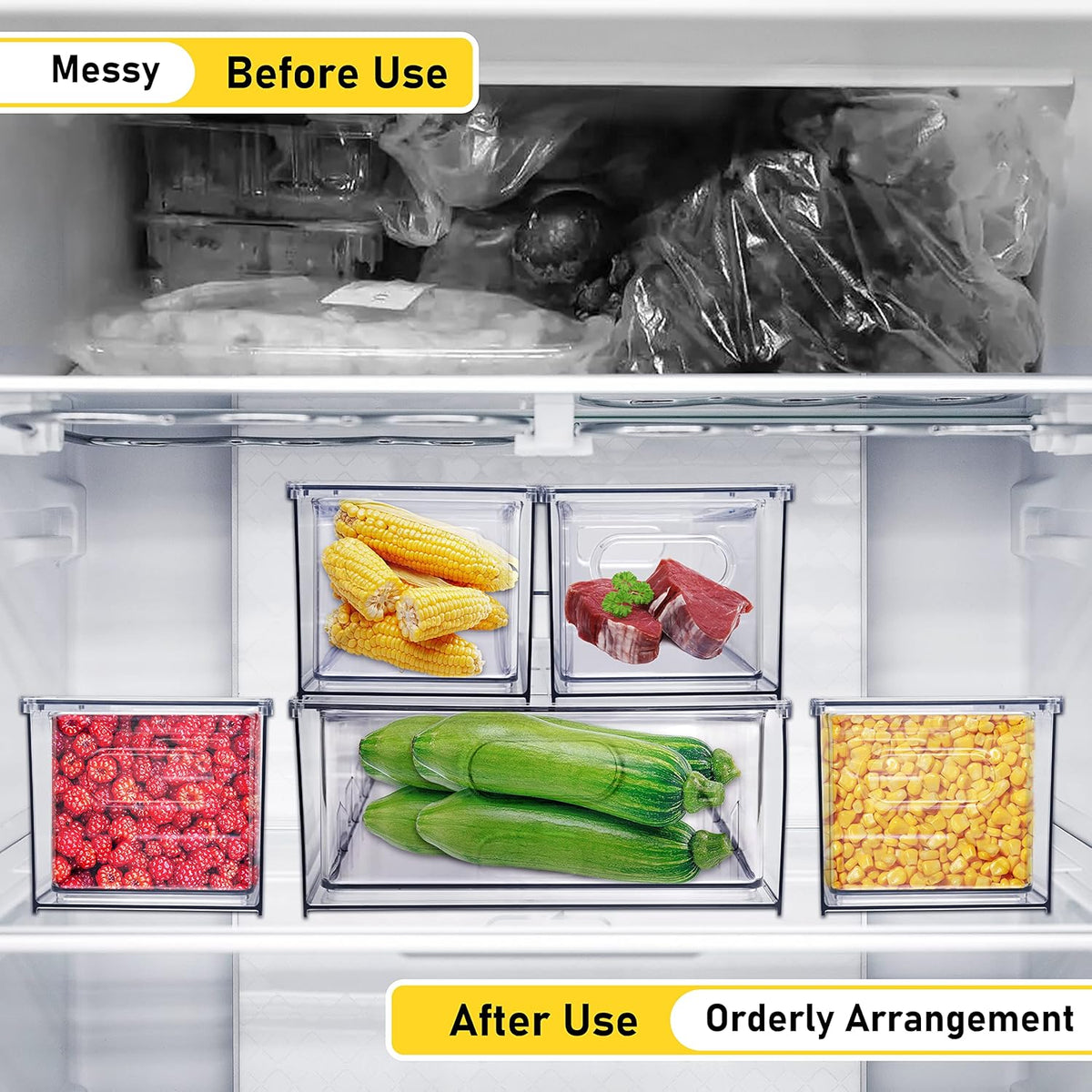 4 Pack Refrigerator Organizer Bins with Pull-out Drawer Stackable Clear Fridg...