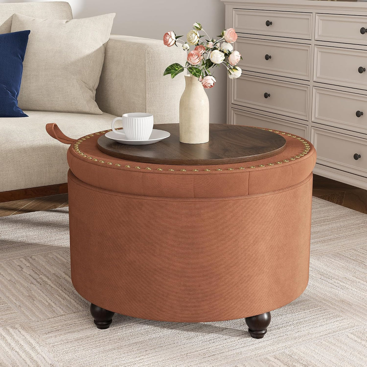 24 Inch Round Storage Ottoman,Modern Tufted Ottomans,Circular Coffee Table wi...