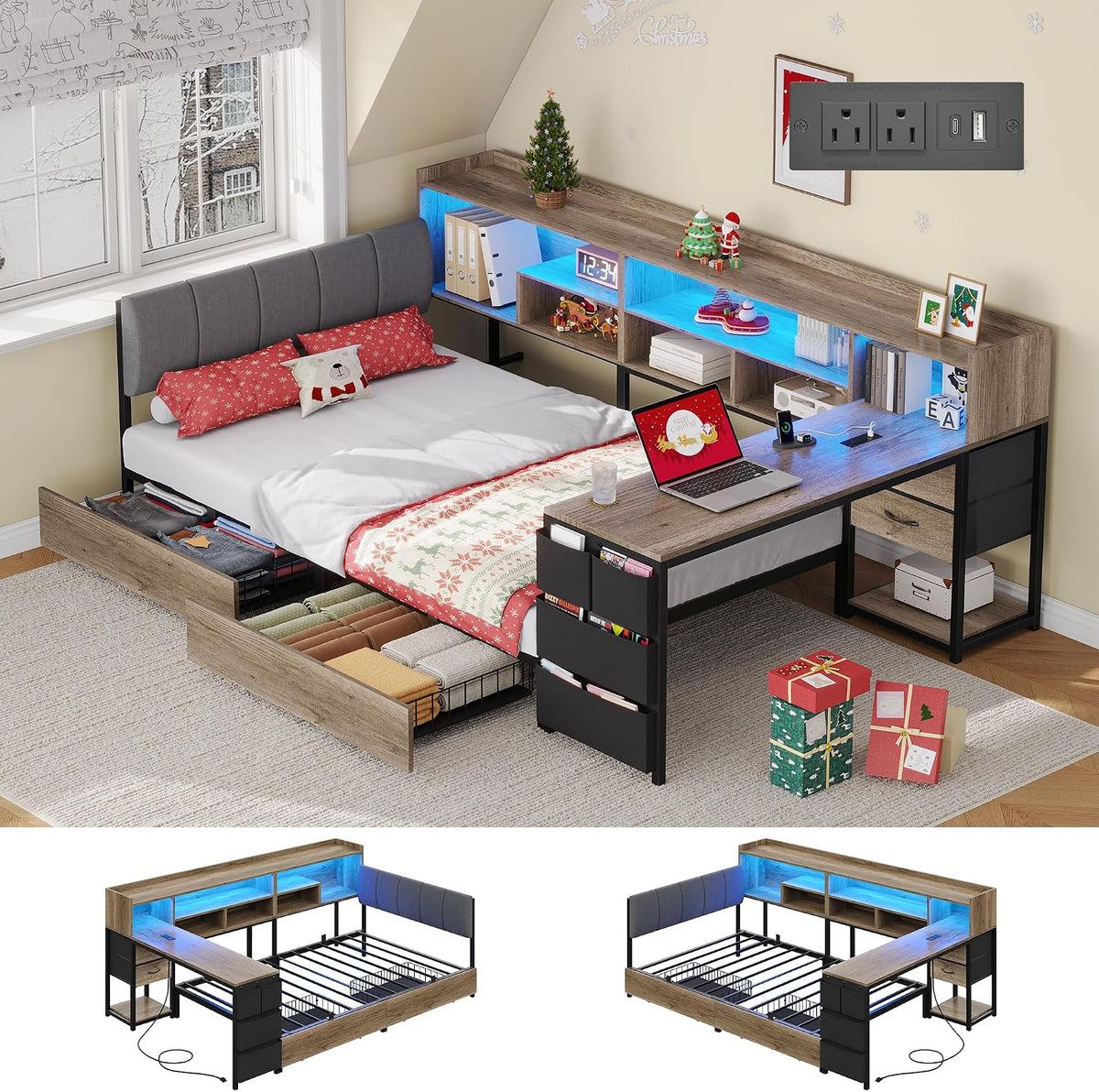 Dnxao Twin Corner Bed Frame with Storage & Desk for Small Rooms, Oak Gray