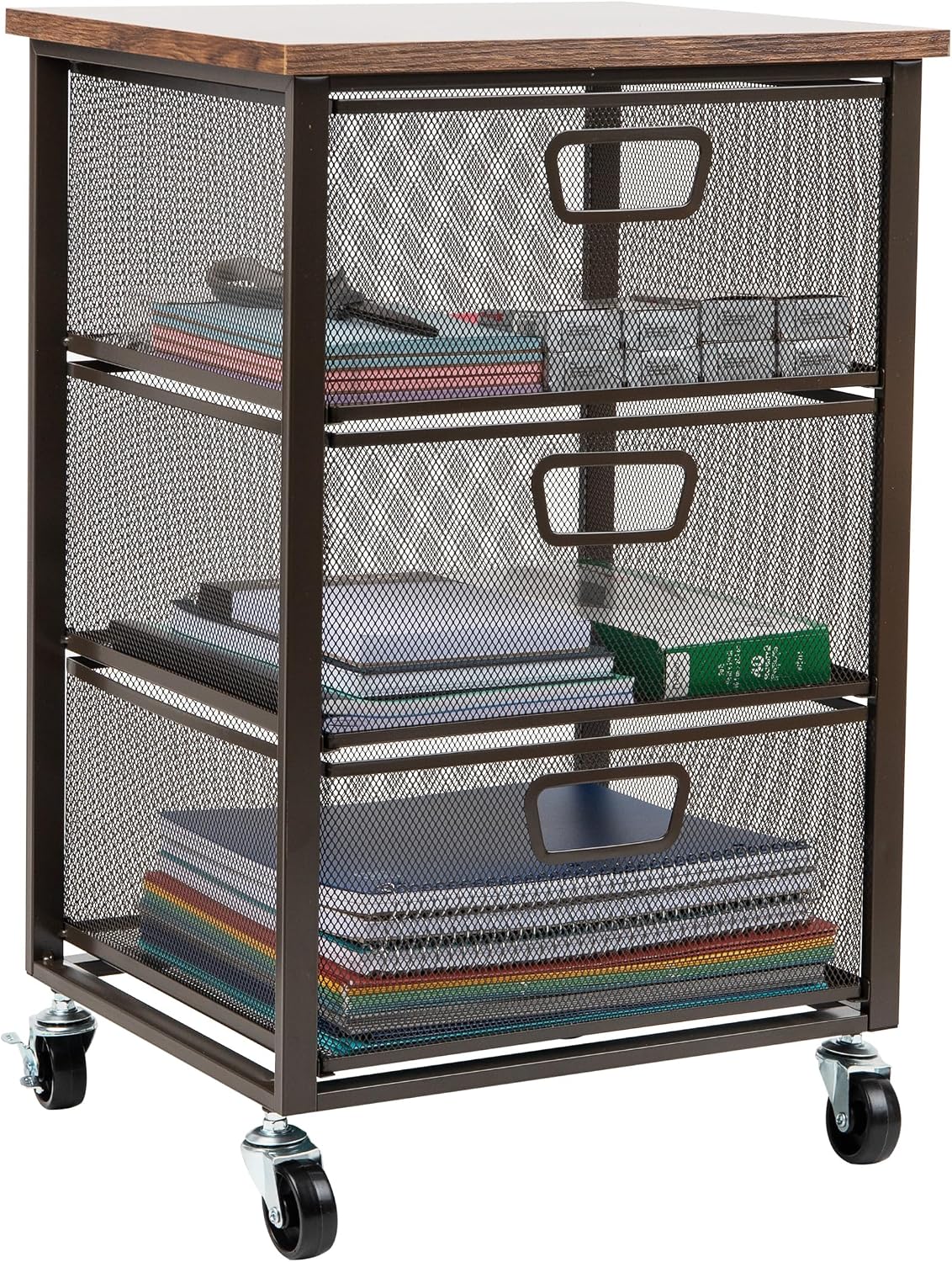 Mind Reader 3 Drawer Storage Organizer with Wood Top, Rolling Office Organize...