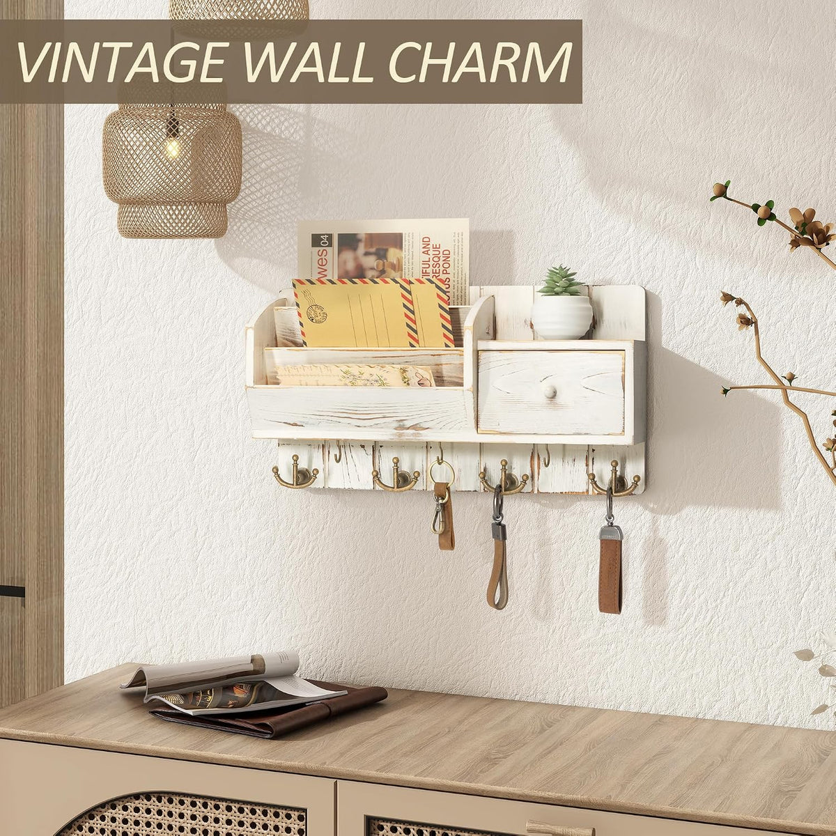 Rebee Vision Key Holder Wall Mount with Drawer for Room Decor, Whitewash