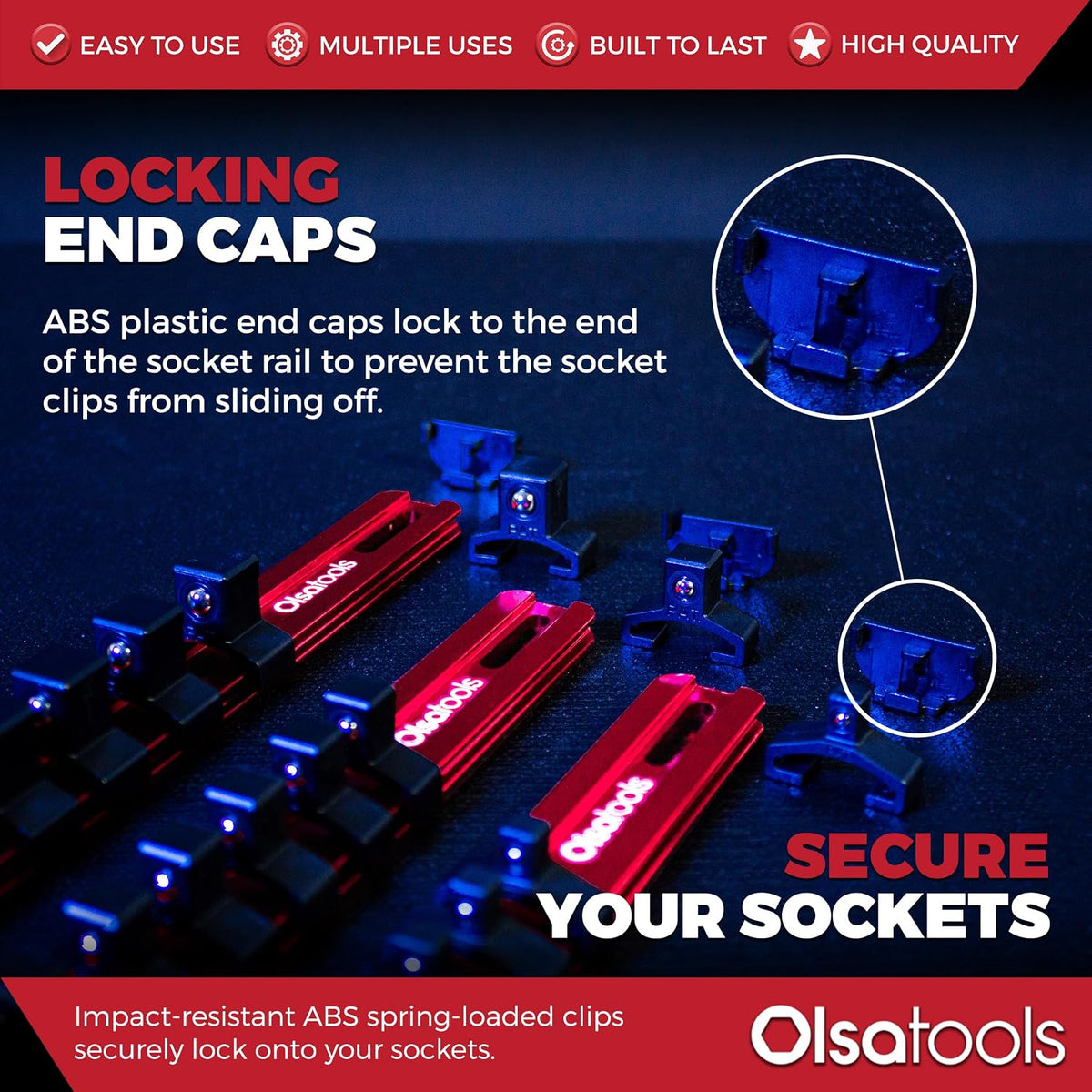 Olsa Tools 3-sets Socket Organizer Rail with Locking Caps, Red