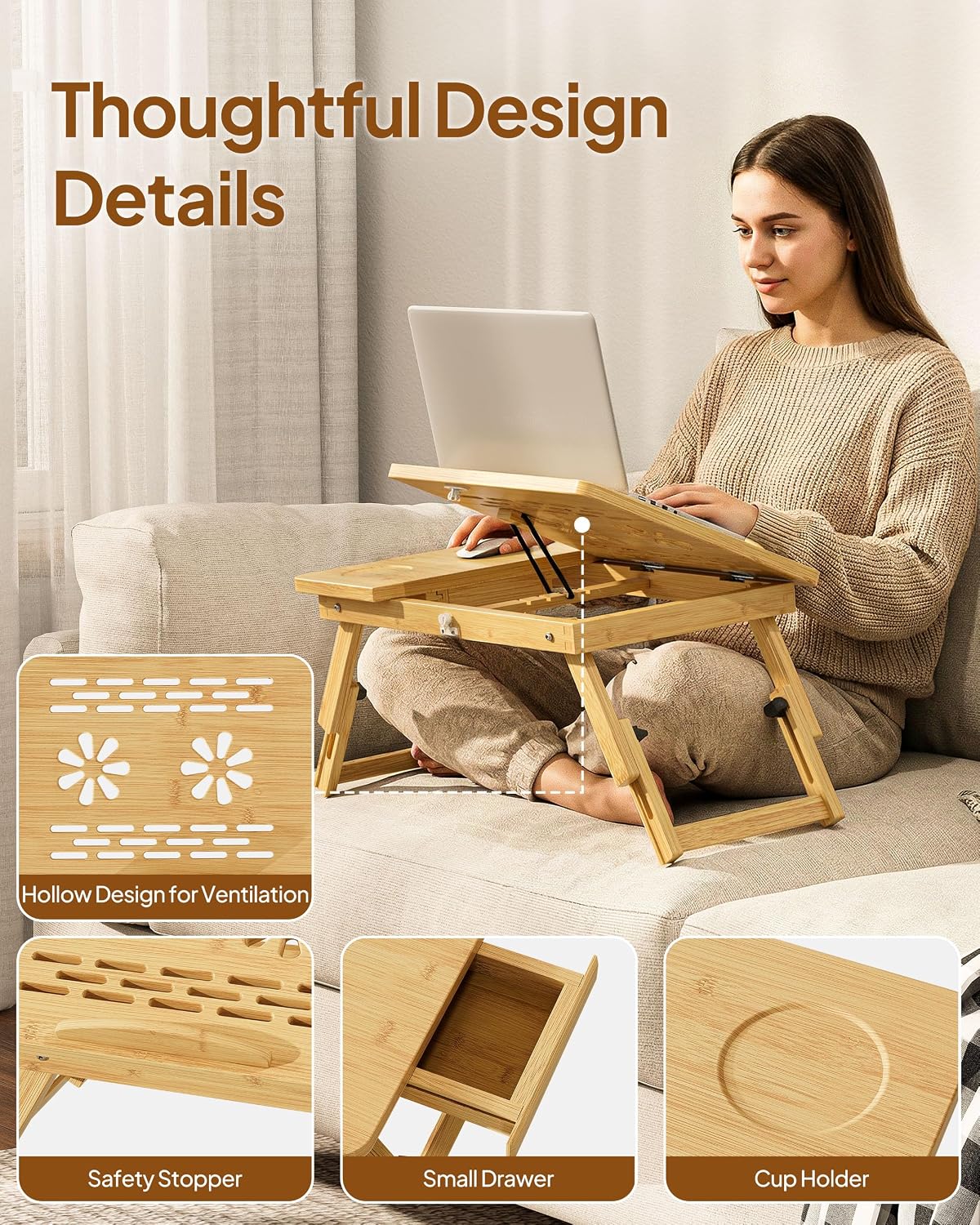 Bamboo Lap Desk, Adjustable Bed Desk with 4 Angle Options & Folding Design