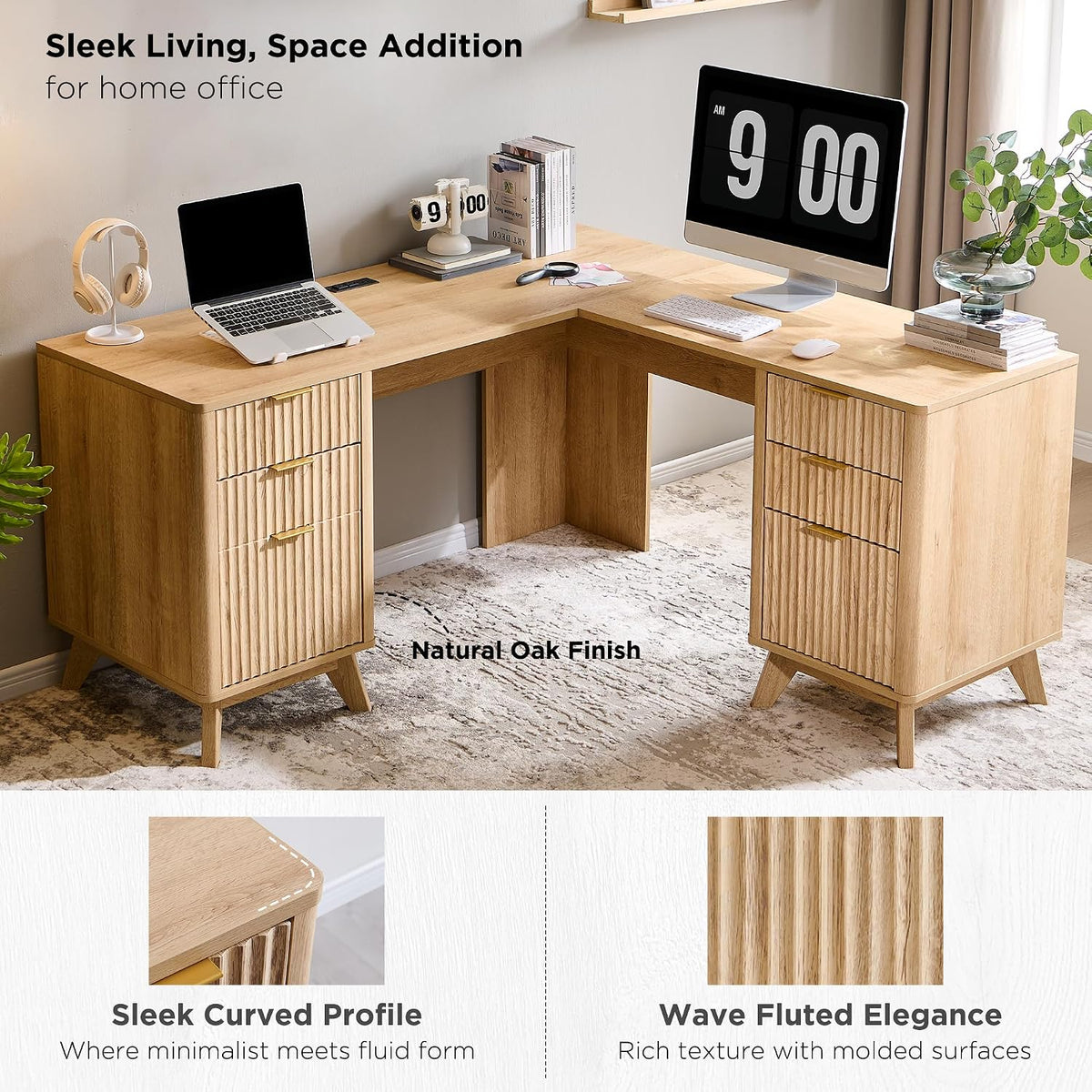 T4TREAM 60-Inch Modern Fluted L-Shaped Executive Desk, Natural Oak